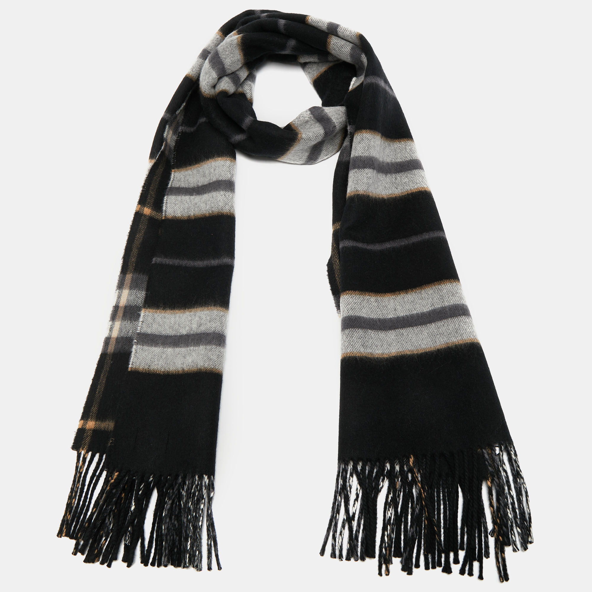 Burberry Black Saddle Stripe To Check Cashmere Fringed Scarf