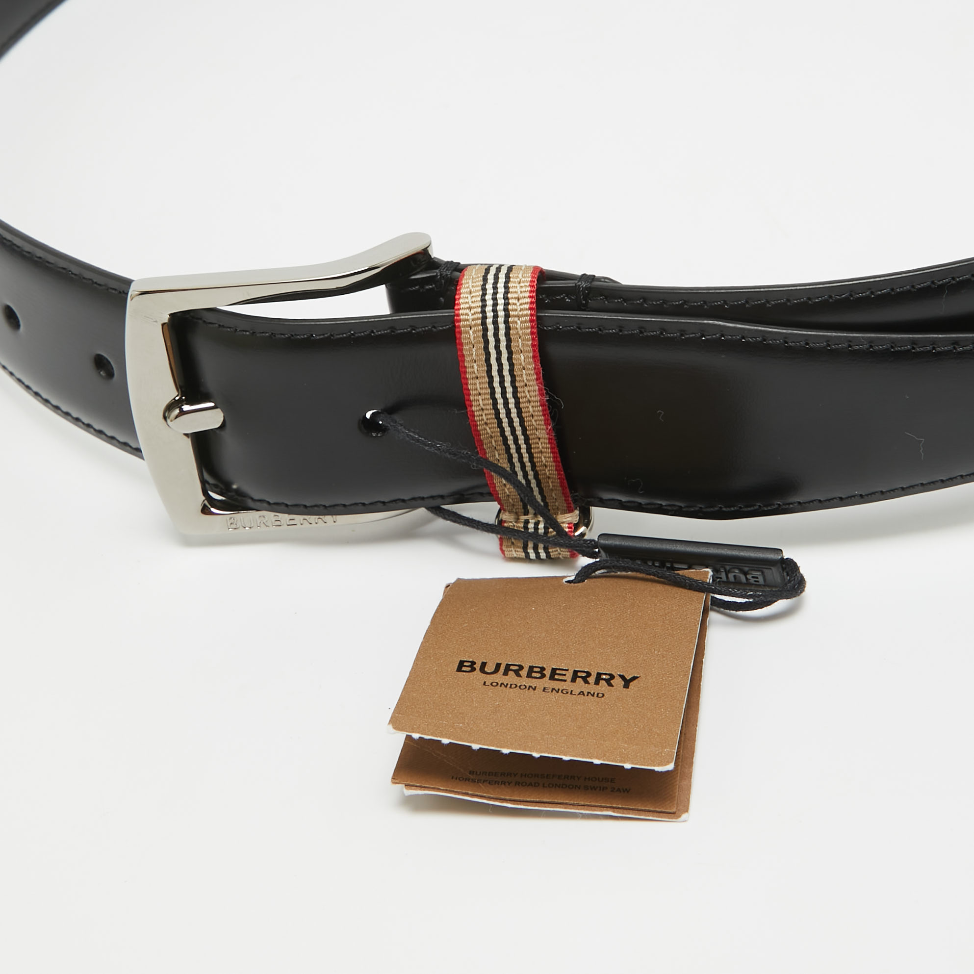 Burberry Black Leather Gray Buckle Belt 85CM