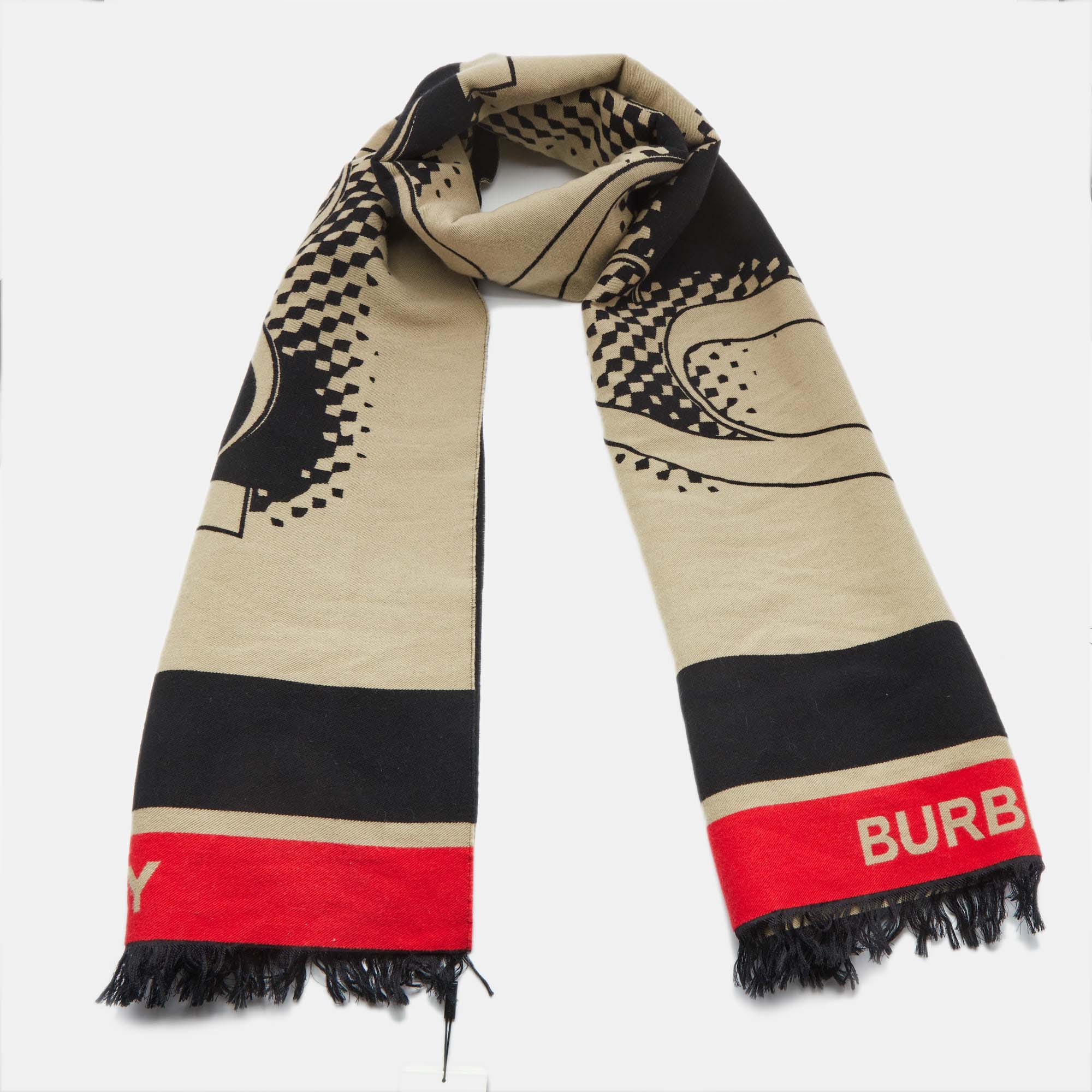 Burberry Beige/Black Patterned Wool Oversized Football Scarf