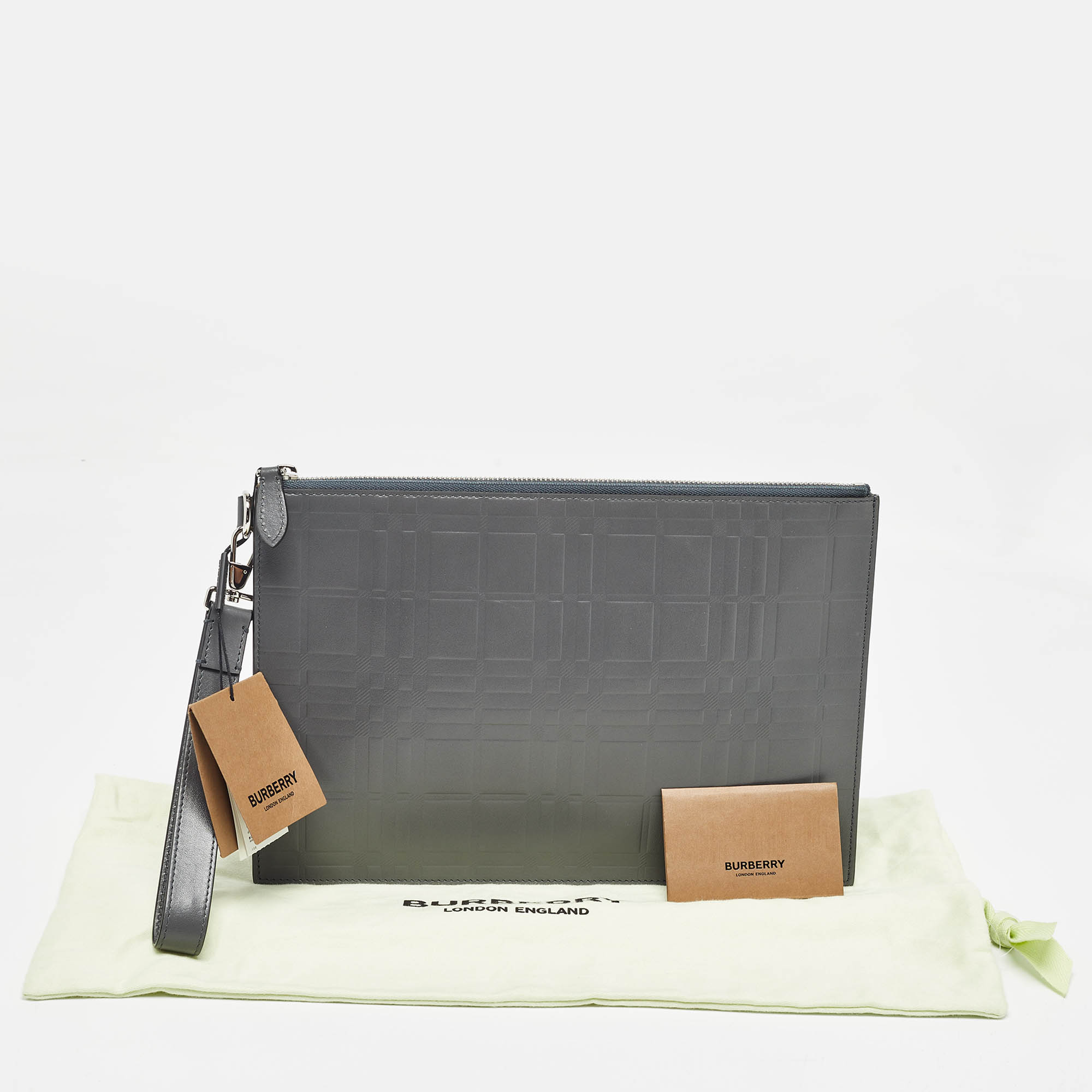 Burberry Grey Check Embossed Leather Edin Zip Pouch