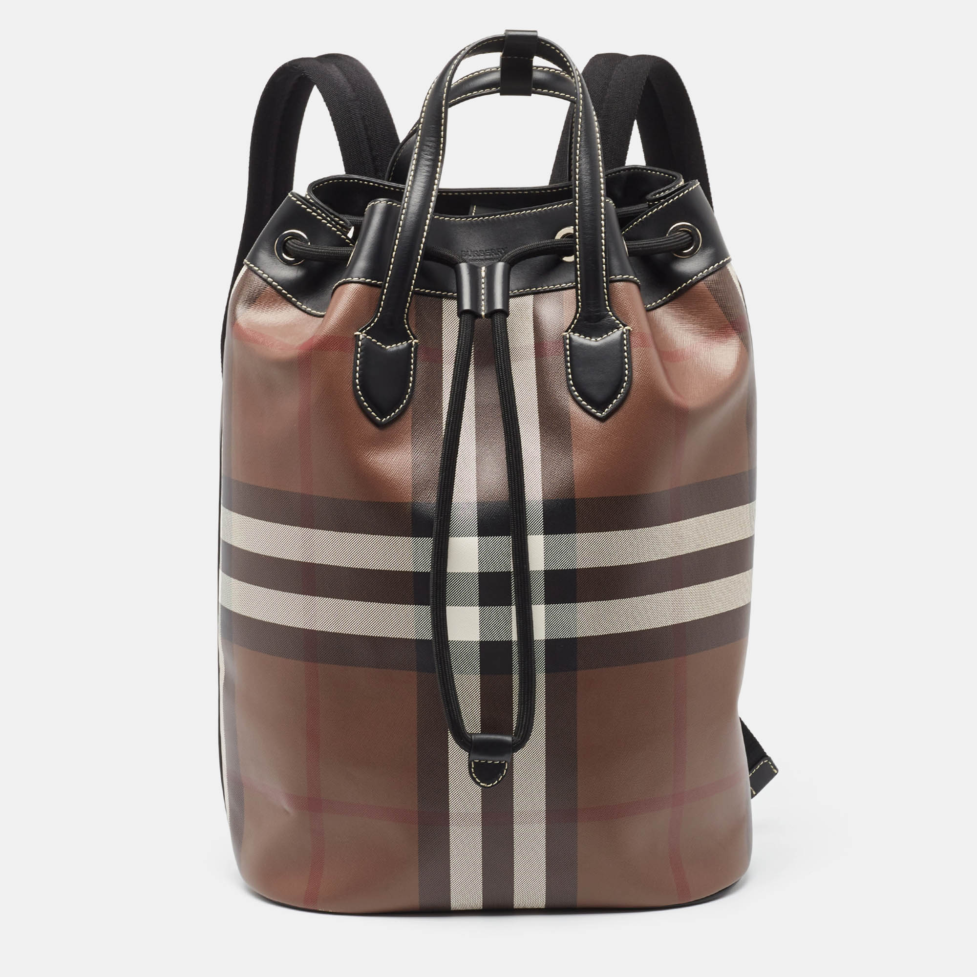 Burberry dark birch brown check coated canvas and leather drawcord backpack