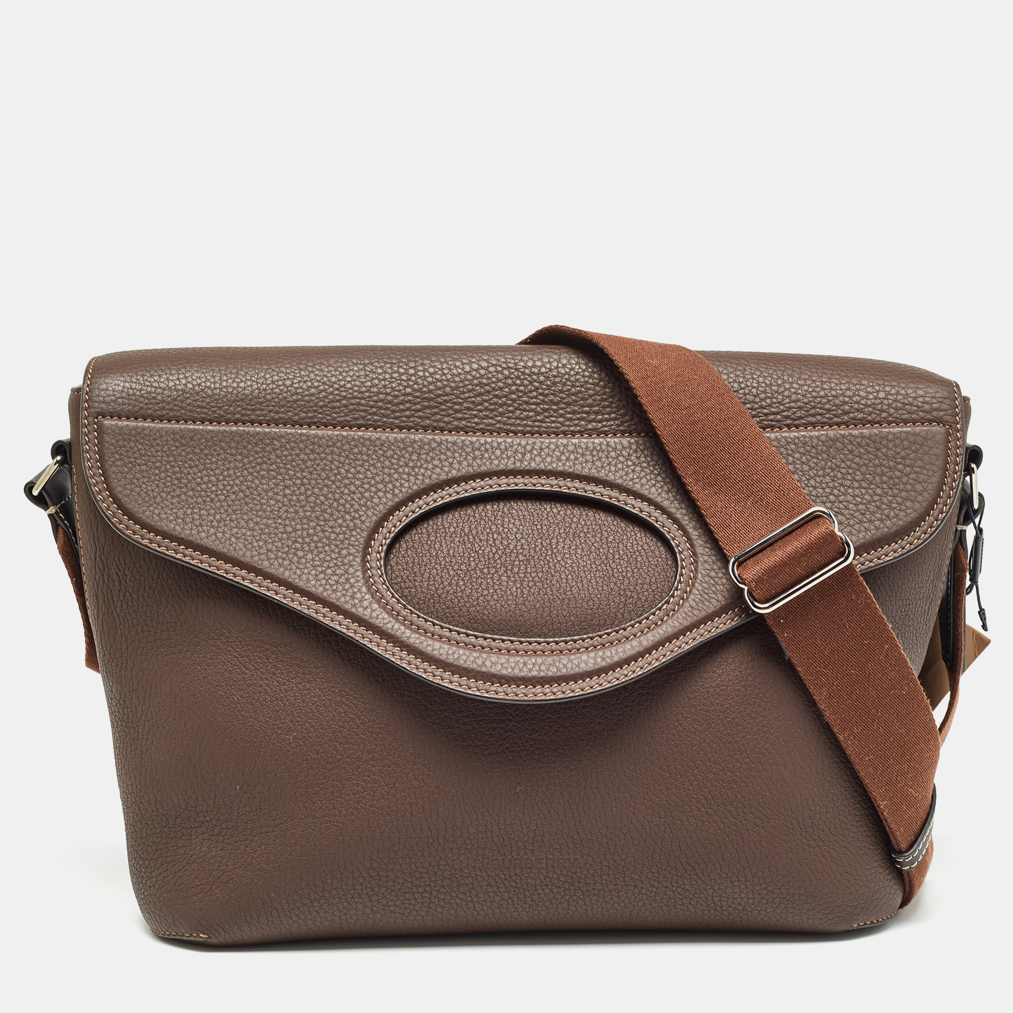 Burberry dark brown leather large pocket messenger bag