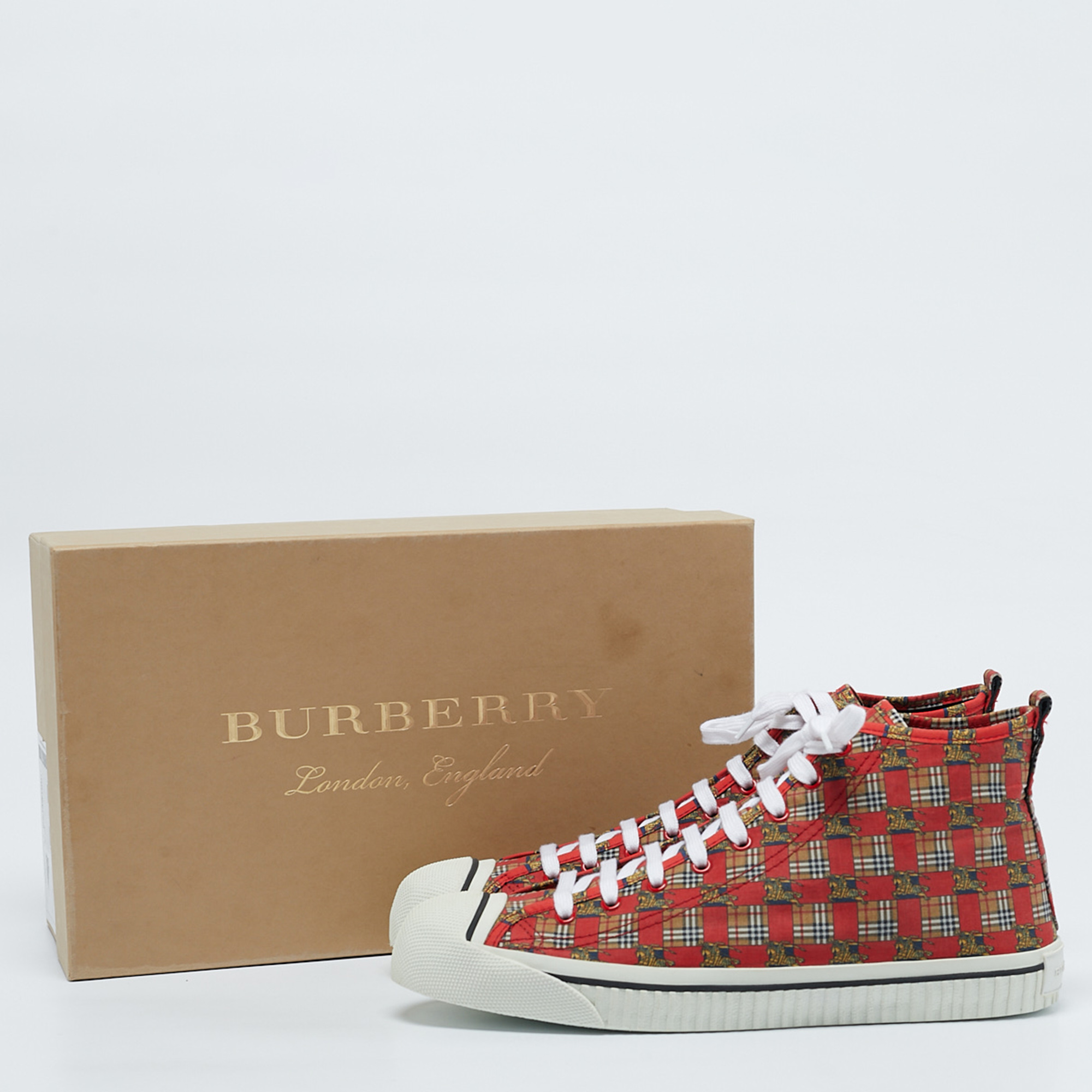 Burberry Red Check Fabric Kingly High Top Sneakers Size 45