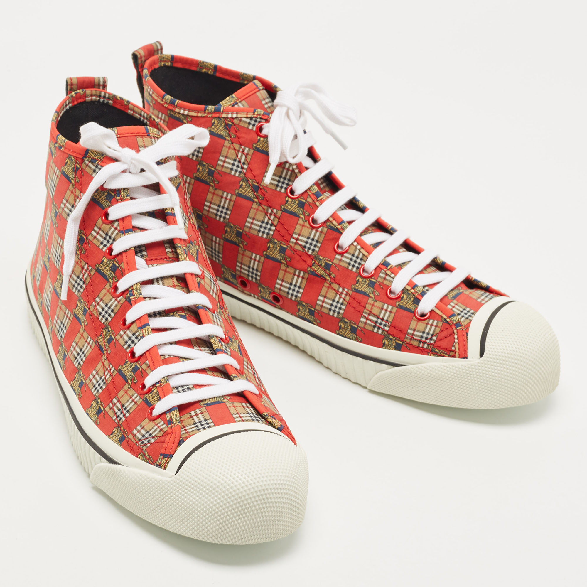 Burberry Red Check Fabric Kingly High Top Sneakers Size 45