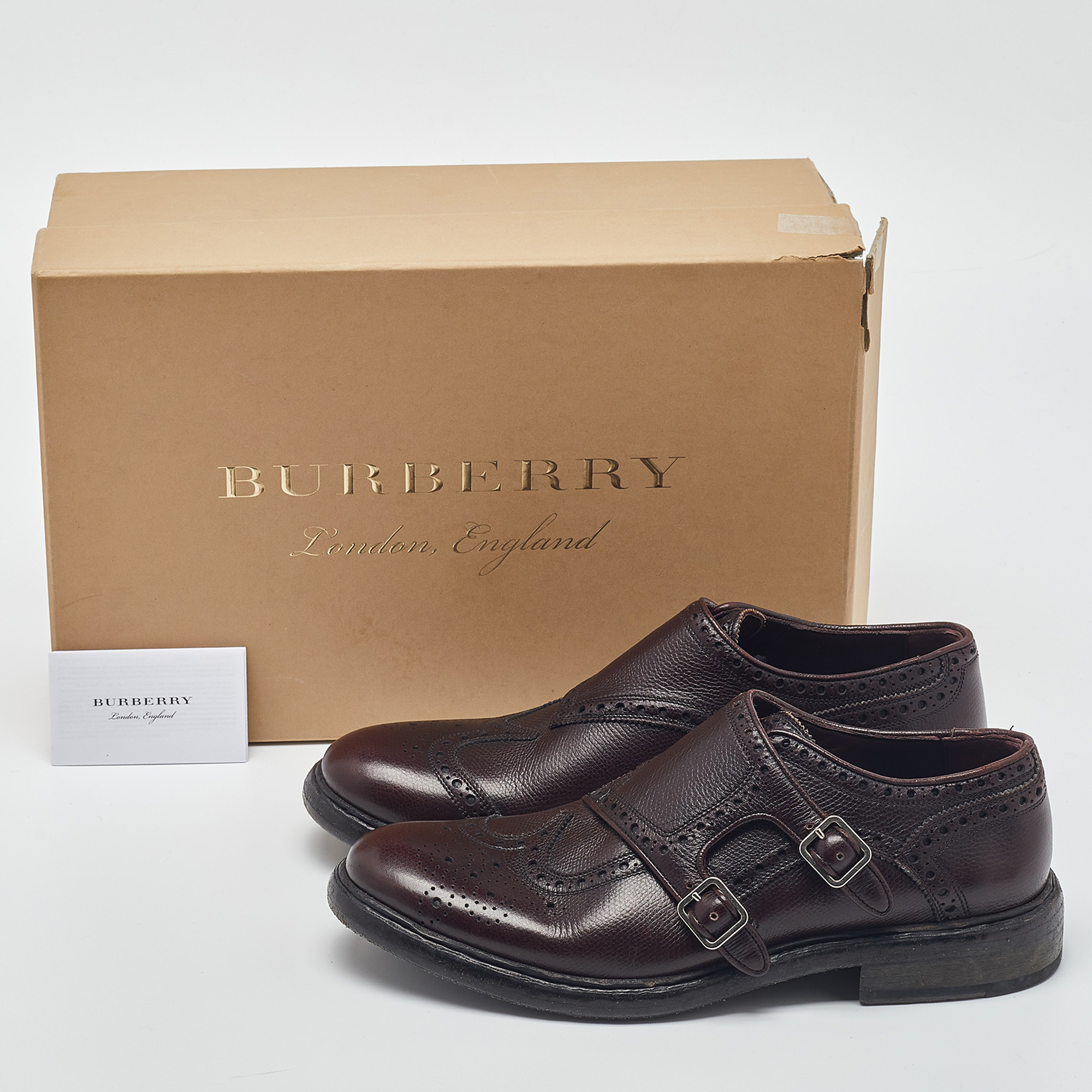 Burberry Burgundy Brogue Leather Delmar Monk Derby Size 40.5