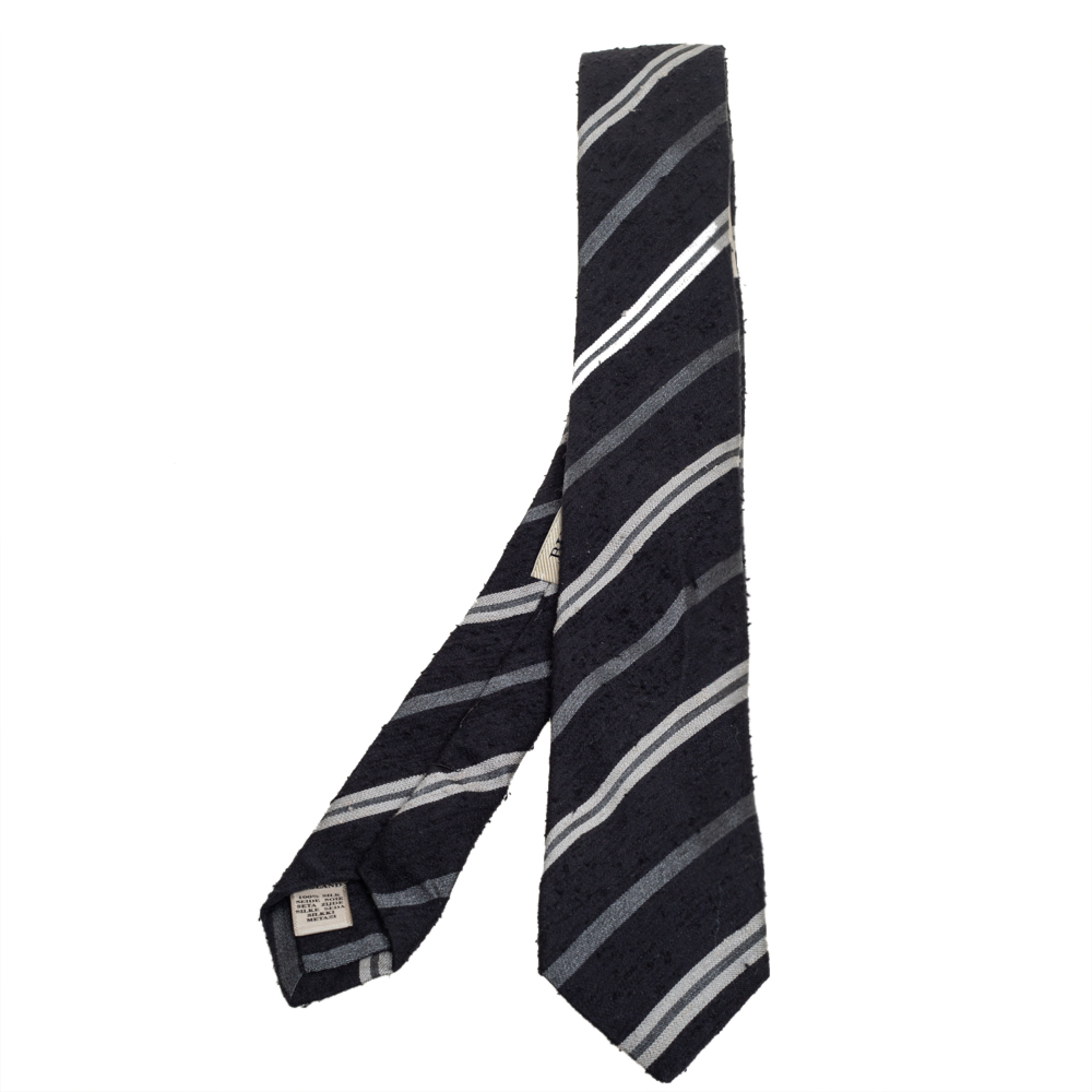 Burberry Black Diagonal Striped Textured Euston Silk Tie