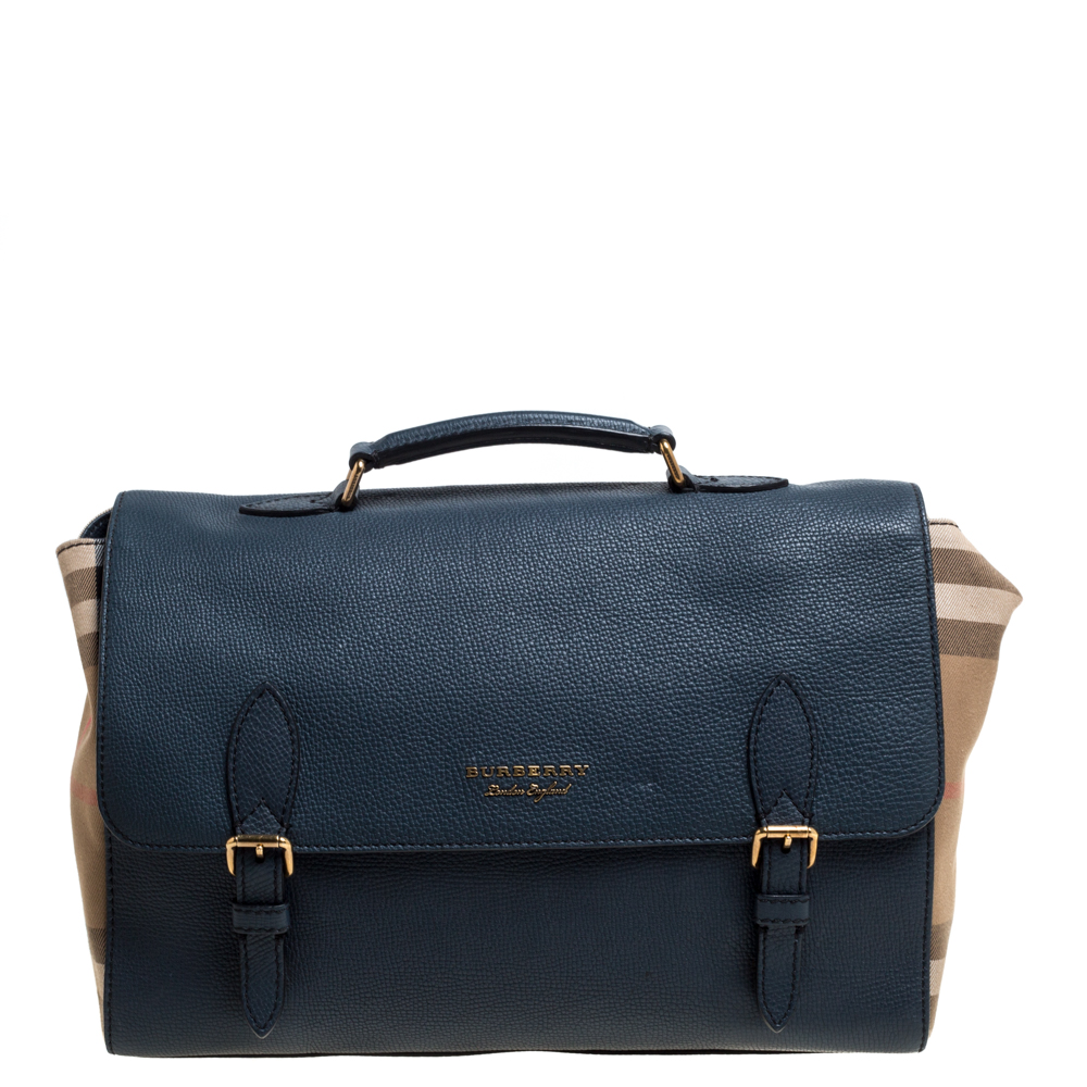 Image of Burberry Blue/Beige Nova Check Canvas and Leather Messenger Bag