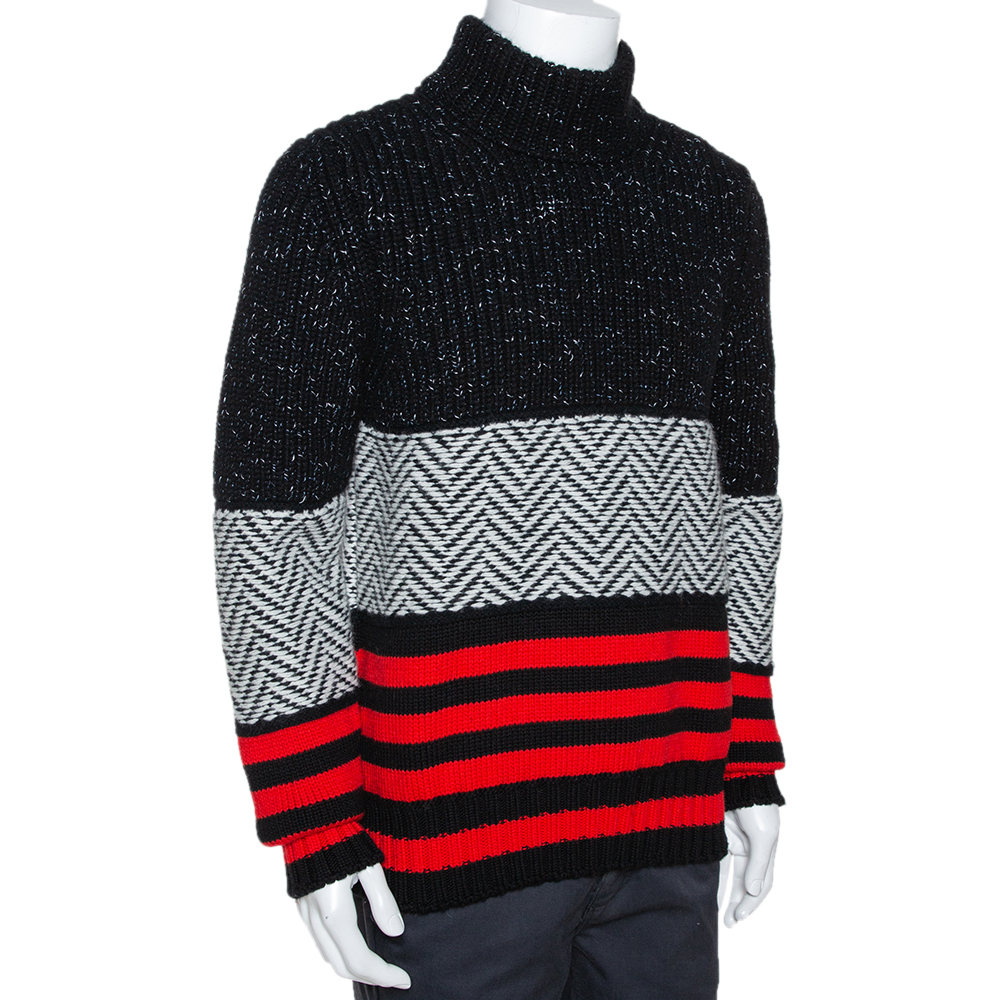 

Burberry Tricolor Contrast Striped Knit Turtleneck Sweater, Black