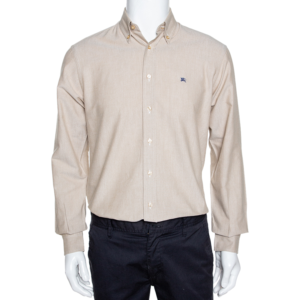 Image of Burberry Beige Chambray Cotton Button Down Long Sleeve Shirt S