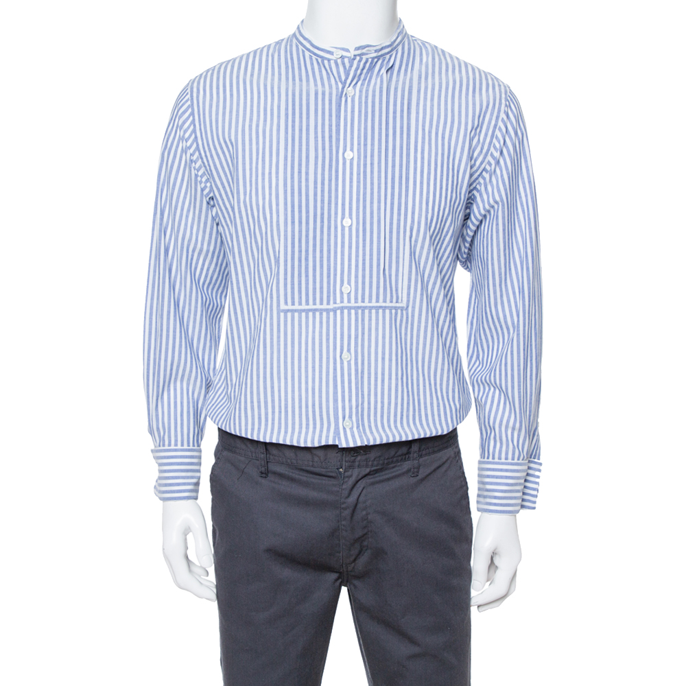 Image of Burberry Blue Striped Cotton Pleat Front Benfleet Double Cuff Shirt L