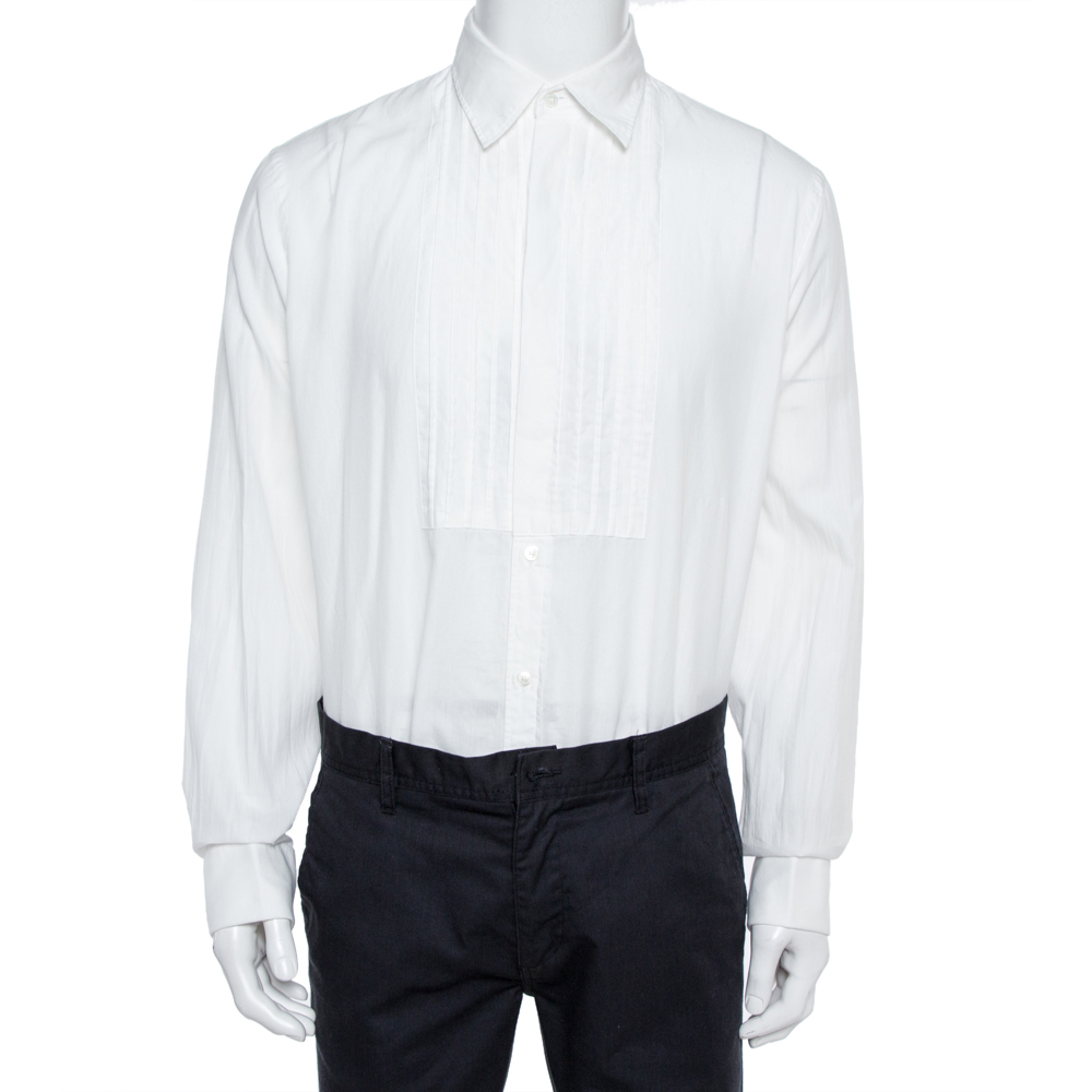 Image of Burberry White Cotton Jaden Double-Cuff Pleated-Bib Shirt XL