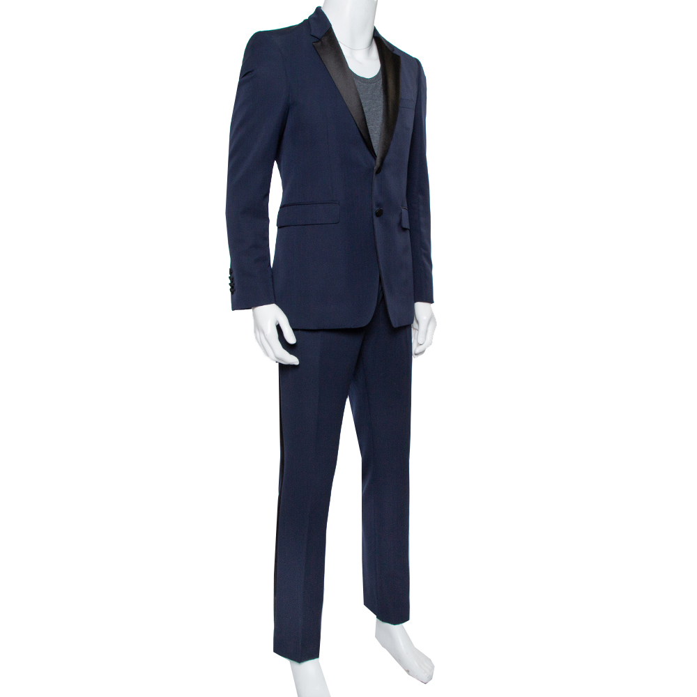 Burberry Navy Blue Wool Contrast Satin Trim Detail Millbank Tuxedo Suit M
