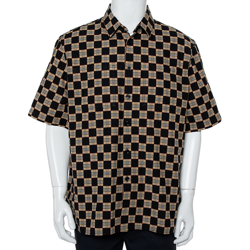 Burberry Black & Beige Checkered Cotton Short Sleeve Shirt XL