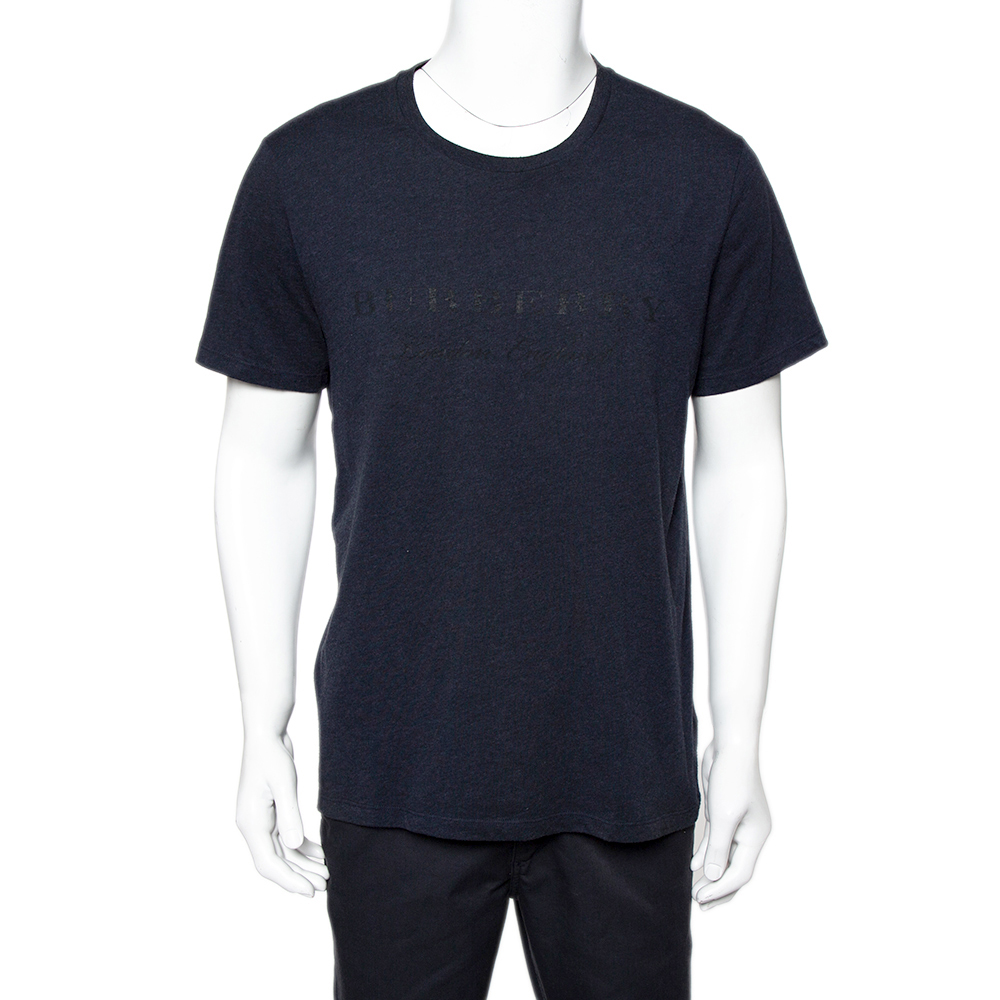 Burberry Navy Blue Cotton Knit Logo Printed Crewneck T-Shirt XL