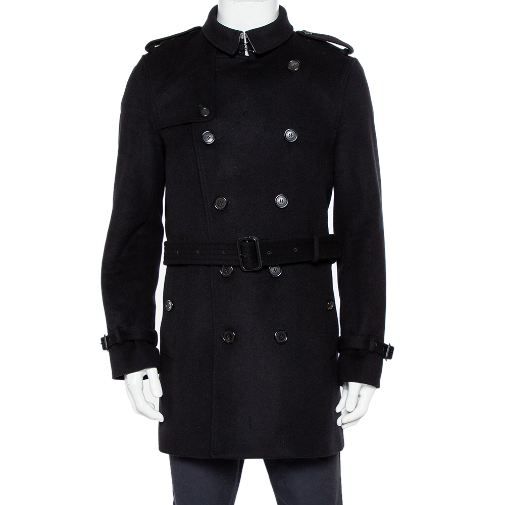 Burberry Black Wool Belted Trench Coat L
