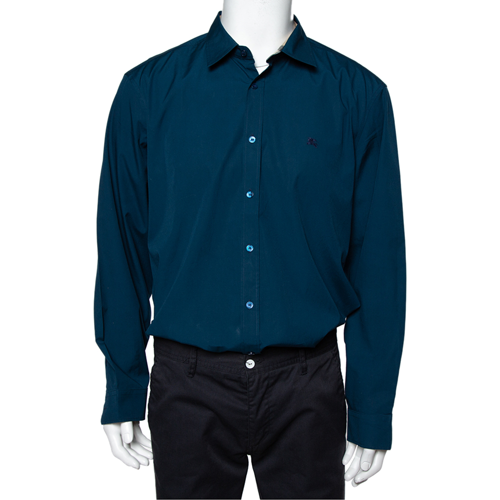 Burberry Dark Teal Blue Cotton Button Front Shirt XXL