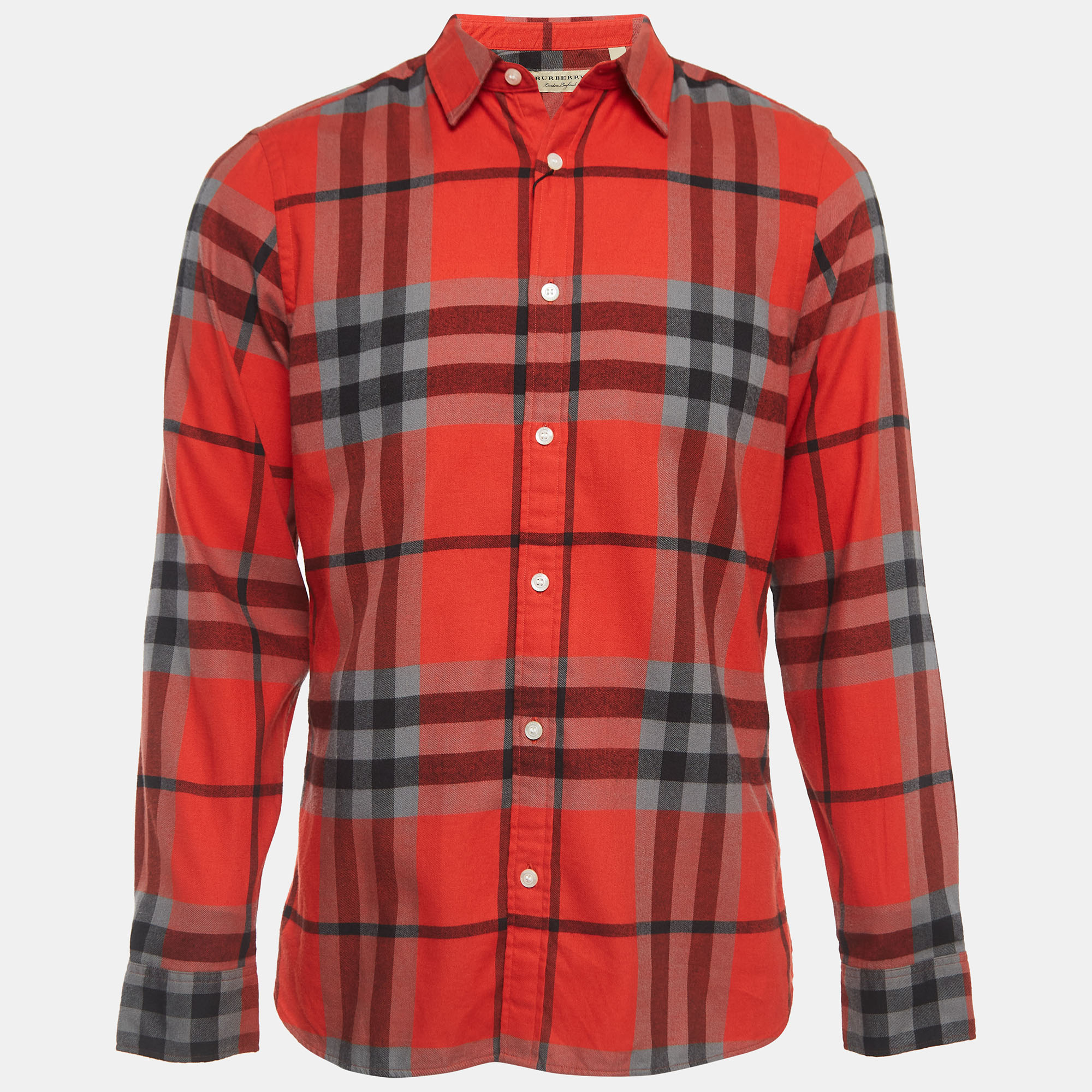 Burberry Orange Checked Cotton Long Sleeve Button Front Shirt M