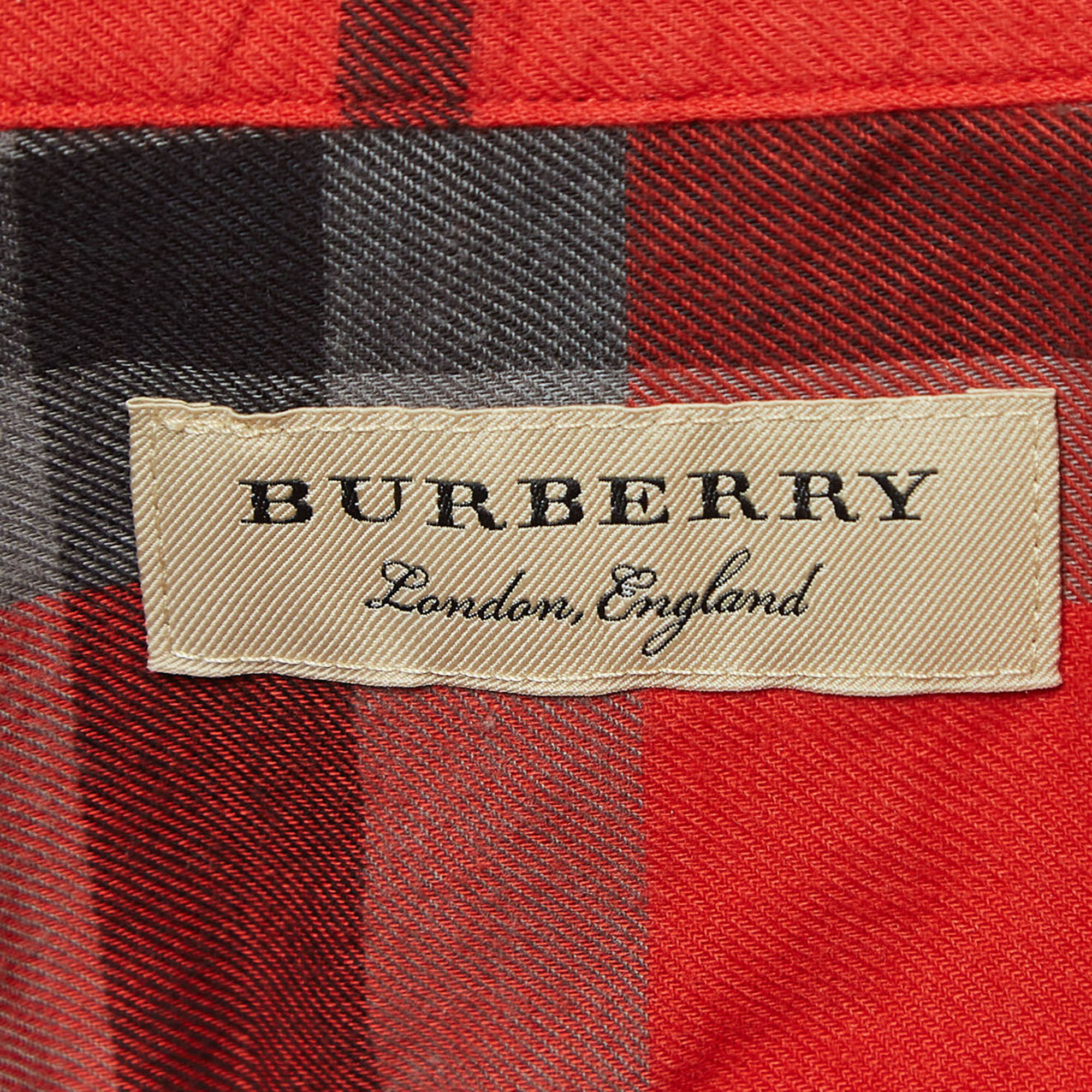 Burberry Orange Checked Cotton Long Sleeve Button Front Shirt M