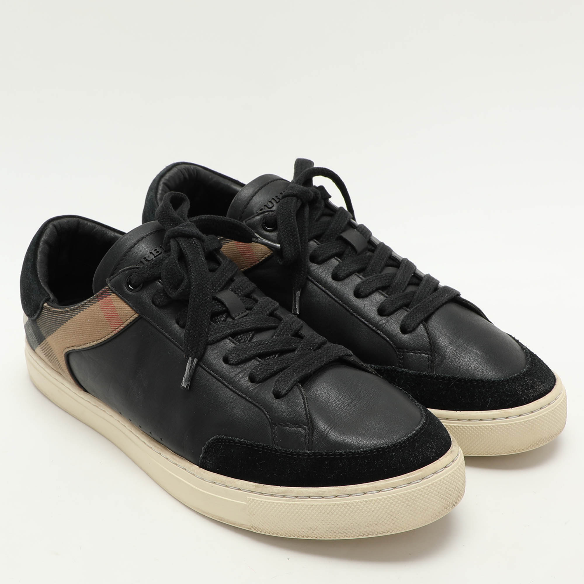 Burberry Black/Beige Leather And House Check Canvas Low Top Sneakers Size 43