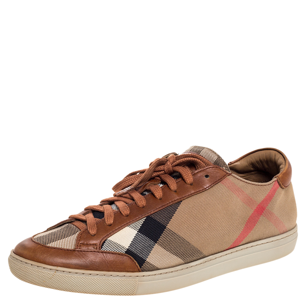 Image of Burberry Beige/Brown Check Canvas And Leather Lace Up Sneakers Size