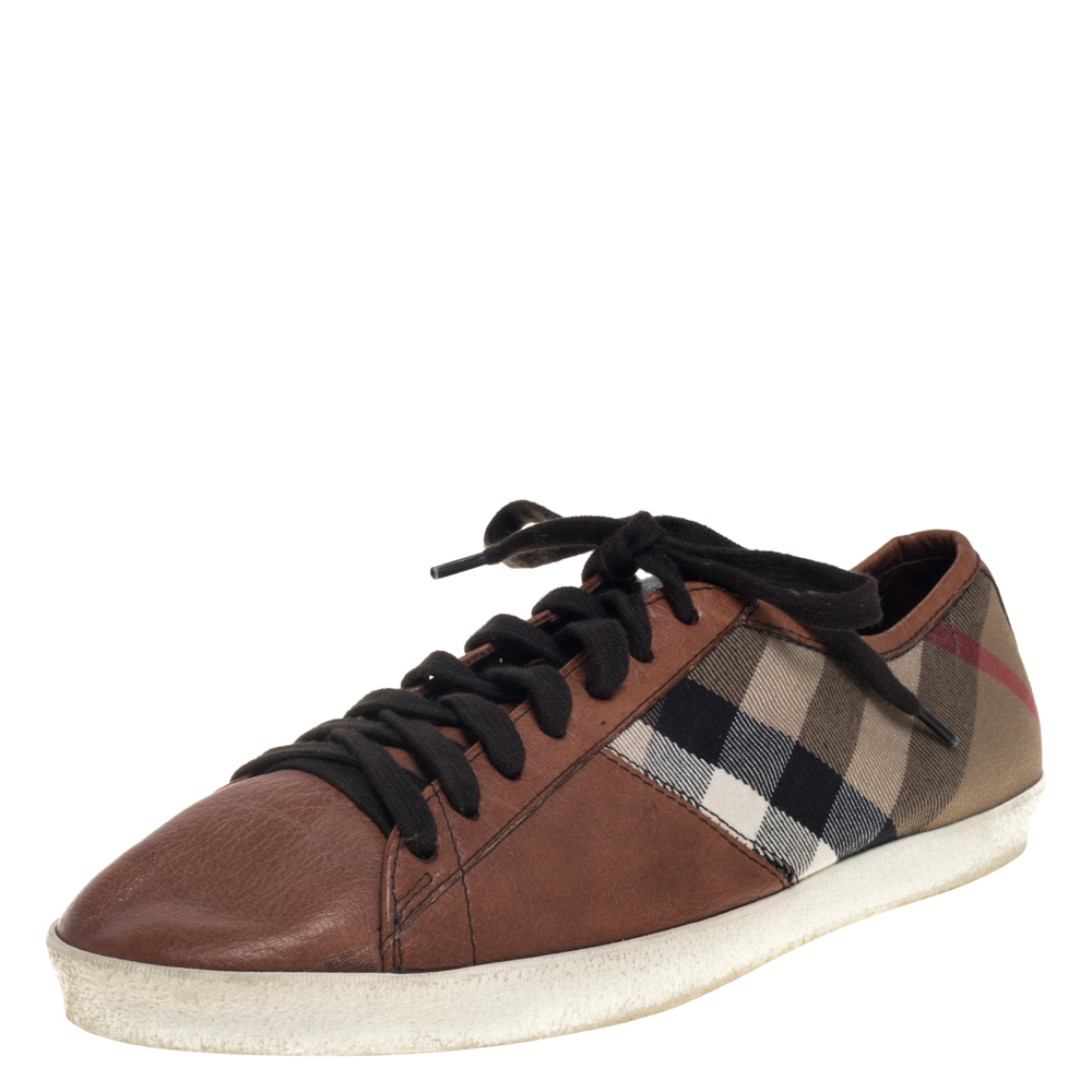 Burberry Brown/Beige House Check Canvas and Leather Sneakers Size 41