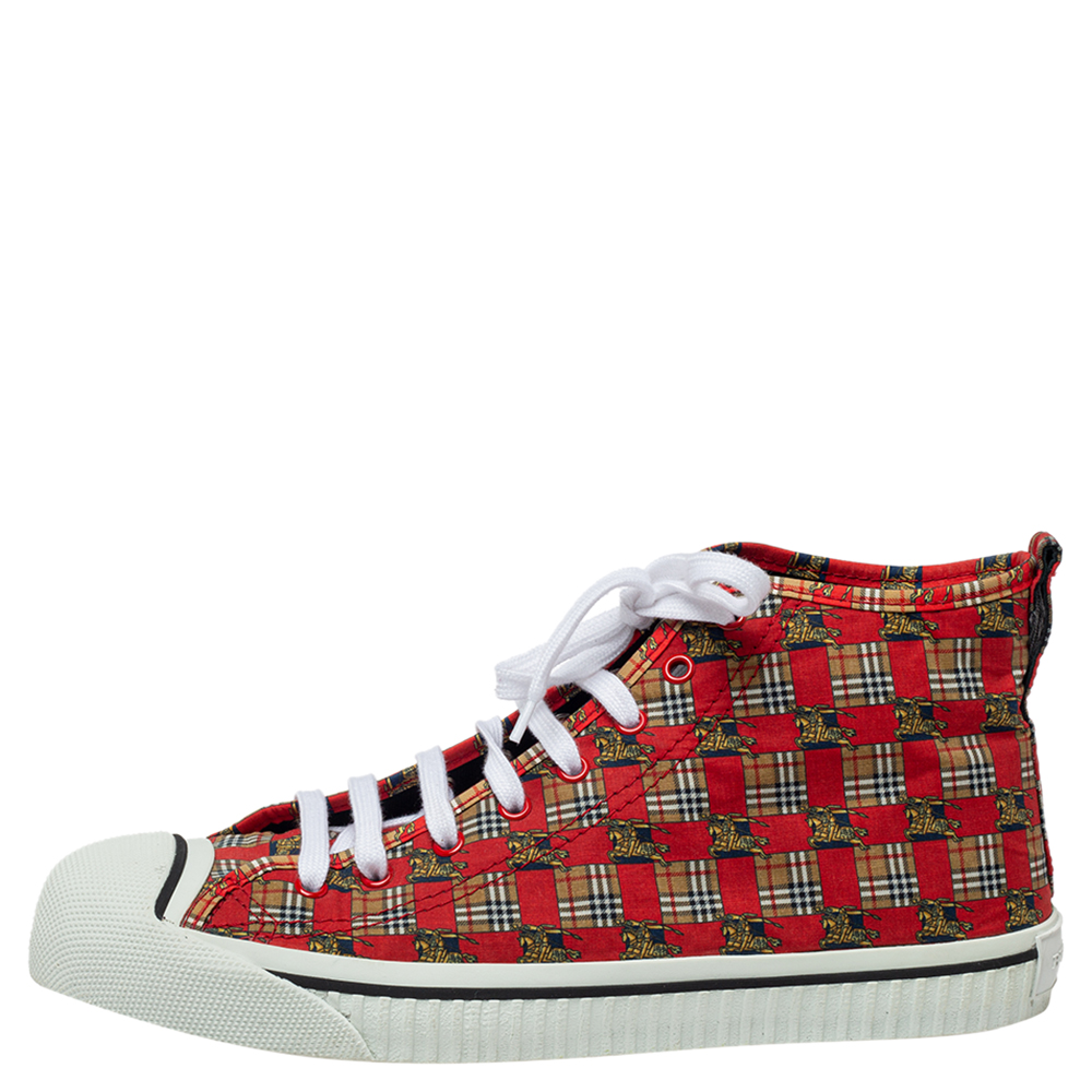 Burberry Red Tiled Archive Print Fabric High-Top Sneakers Size 44
