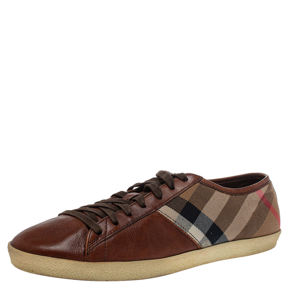 Burberry brown leather and nova check canvas low top sneakers size 43