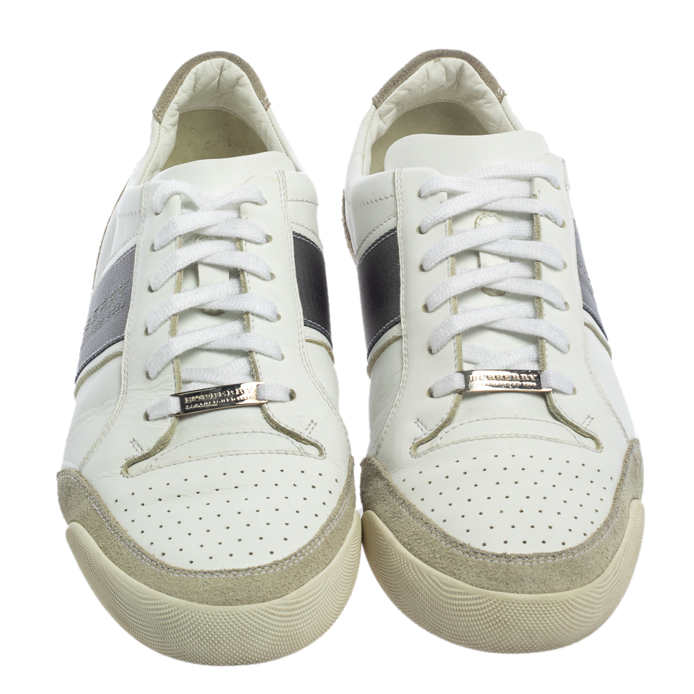 Burberry White/Grey Leather And Suede Lace Up Sneakers Size 42