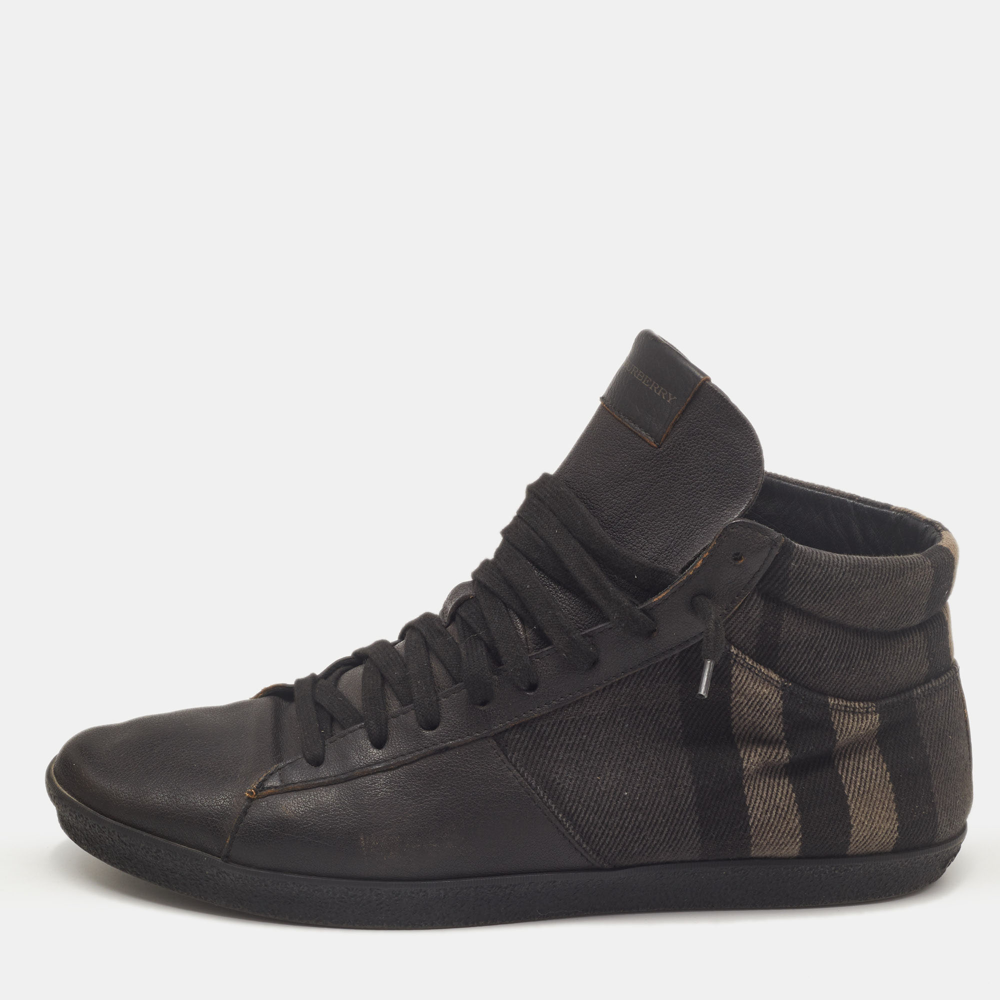 Burberry Black Leather And Check Canvas High Top Sneakers Size 44