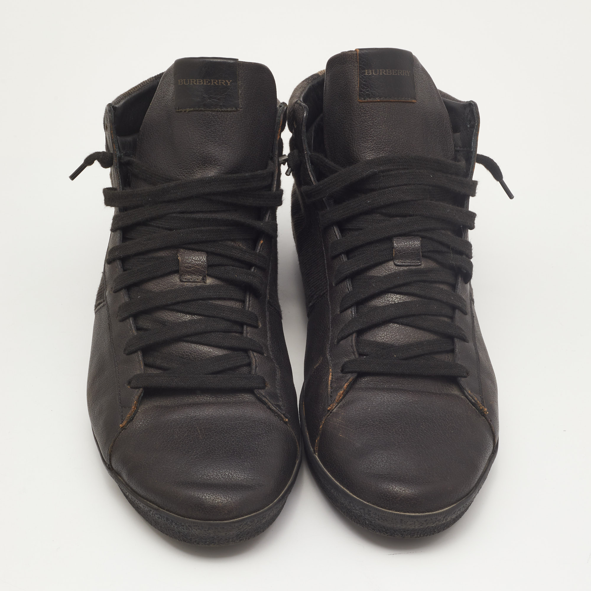 Burberry Black Leather And Check Canvas High Top Sneakers Size 44