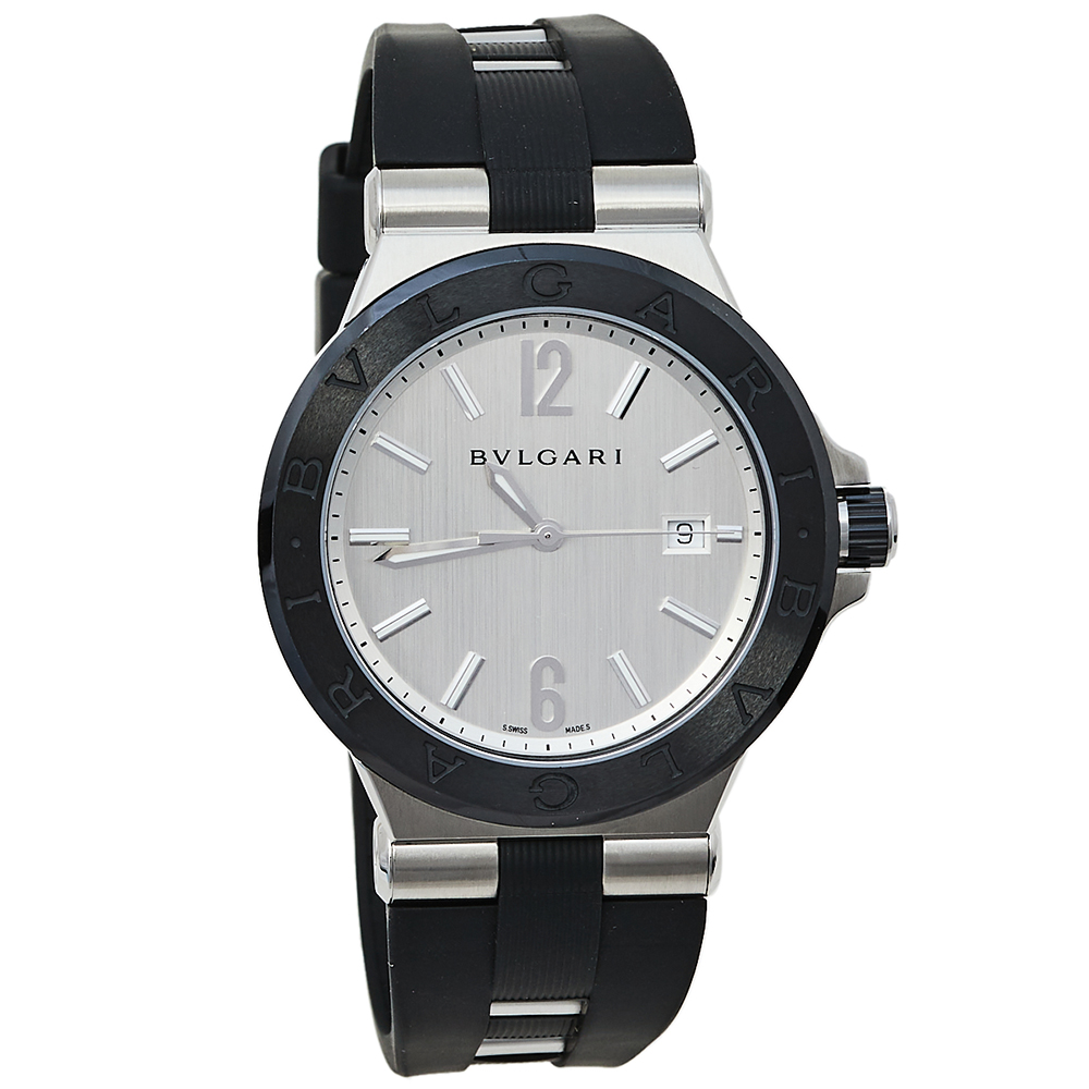 Bvlgari Silver Stainless Steel & Ceramic Diagono 102252 Automatic Men's Wristwatch 42 mm