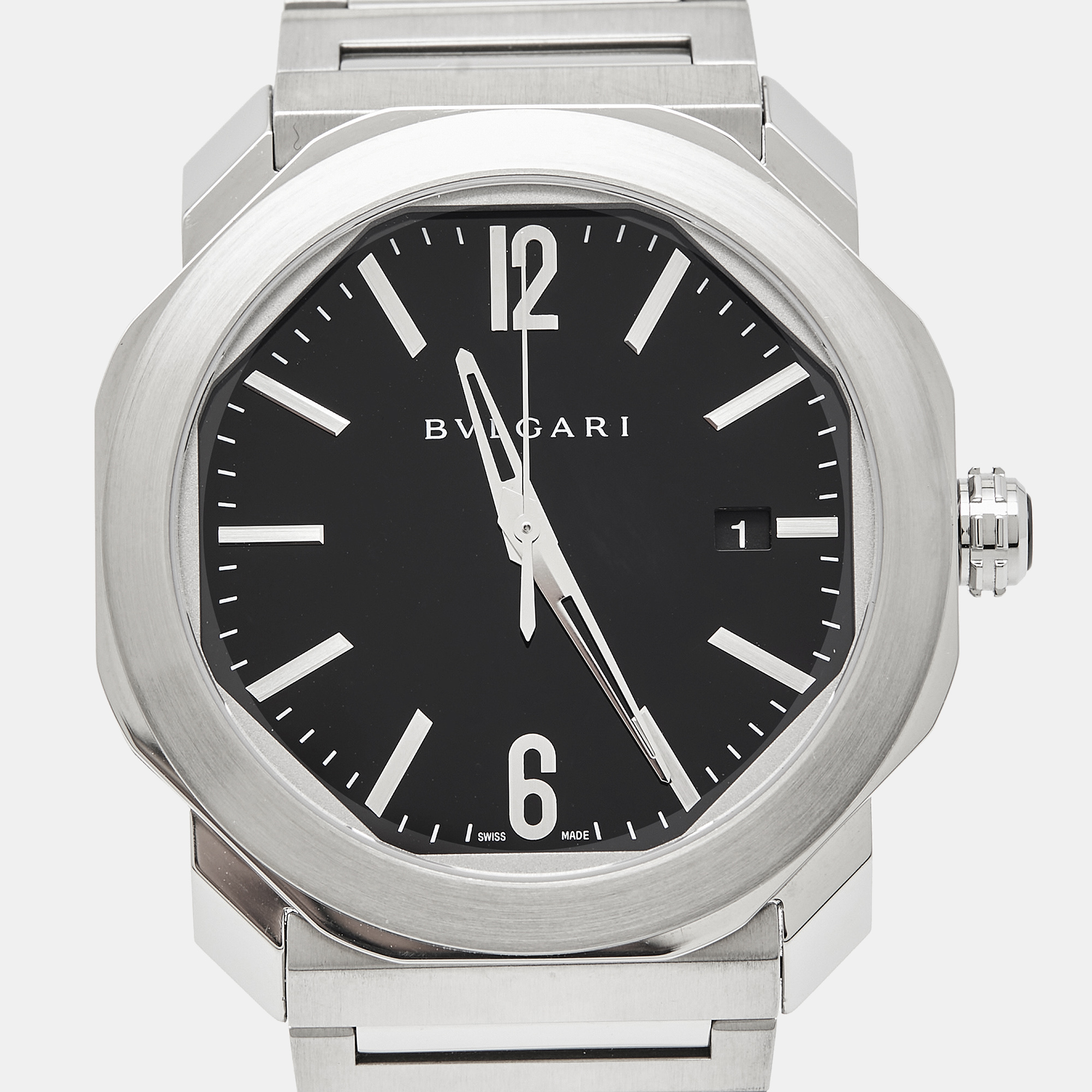 Bvlgari Black Stainless Steel Octo Roma 102704 Men's Wristwatch 41 Mm