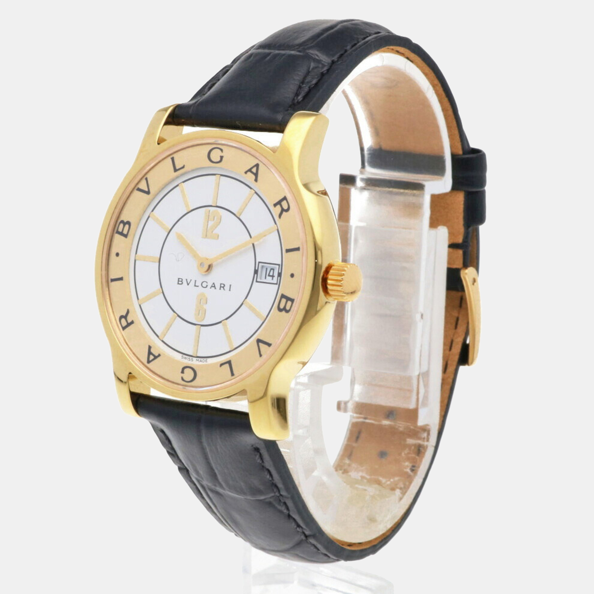 Bvlgari White 18K Yellow Gold Solotempo ST35G Quartz Men's Wristwatch 35 Mm