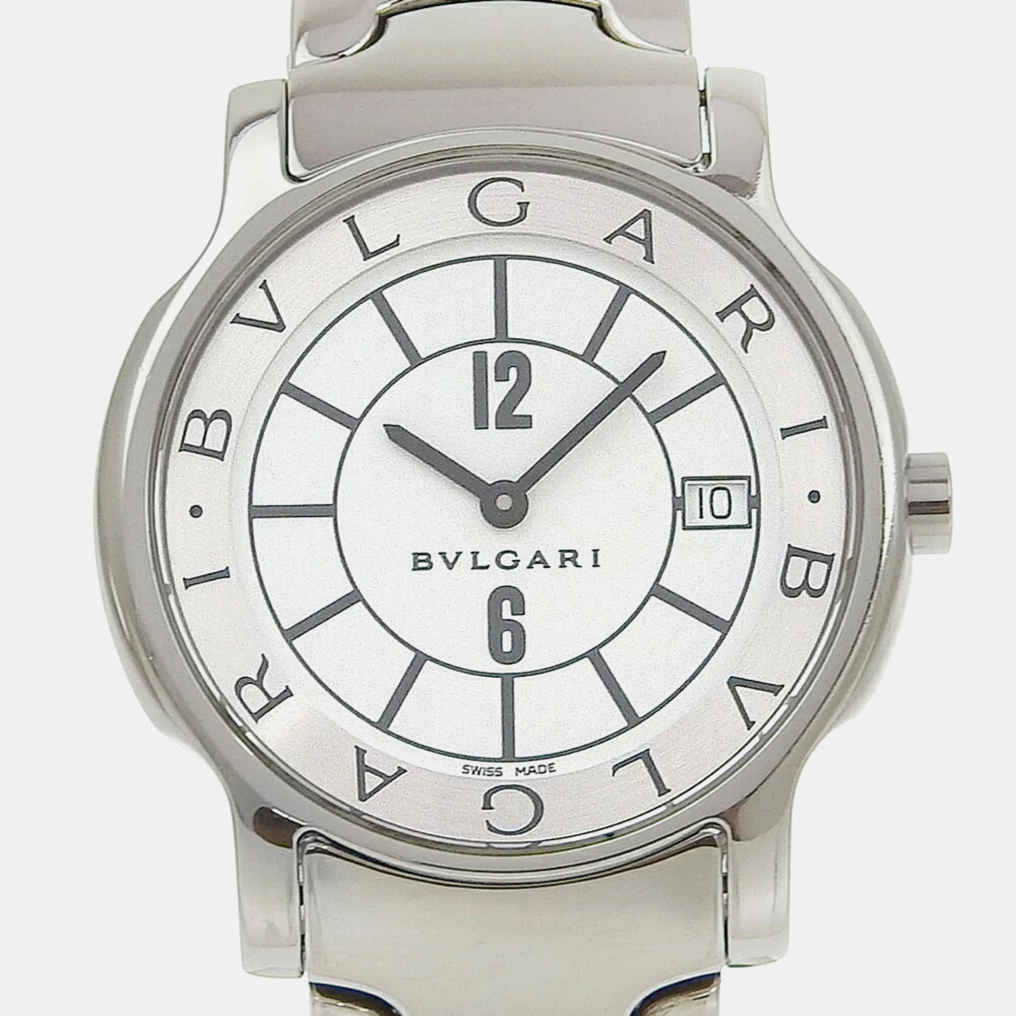 Bvlgari white stainless steel solotempo st35s quartz men's wristwatch 35 mm