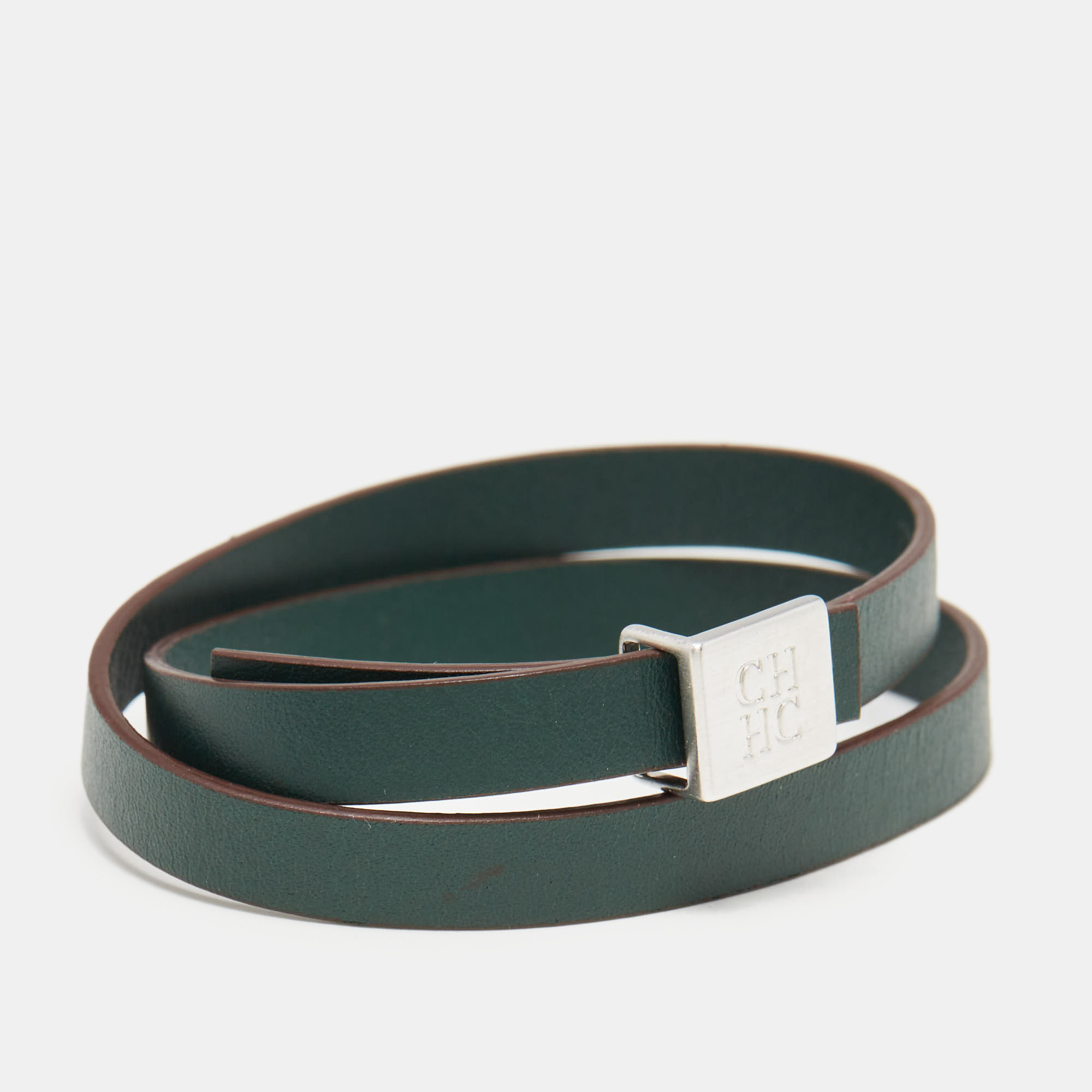 Carolina Herrera CH Leather Silver Tone Wrap Bracelet