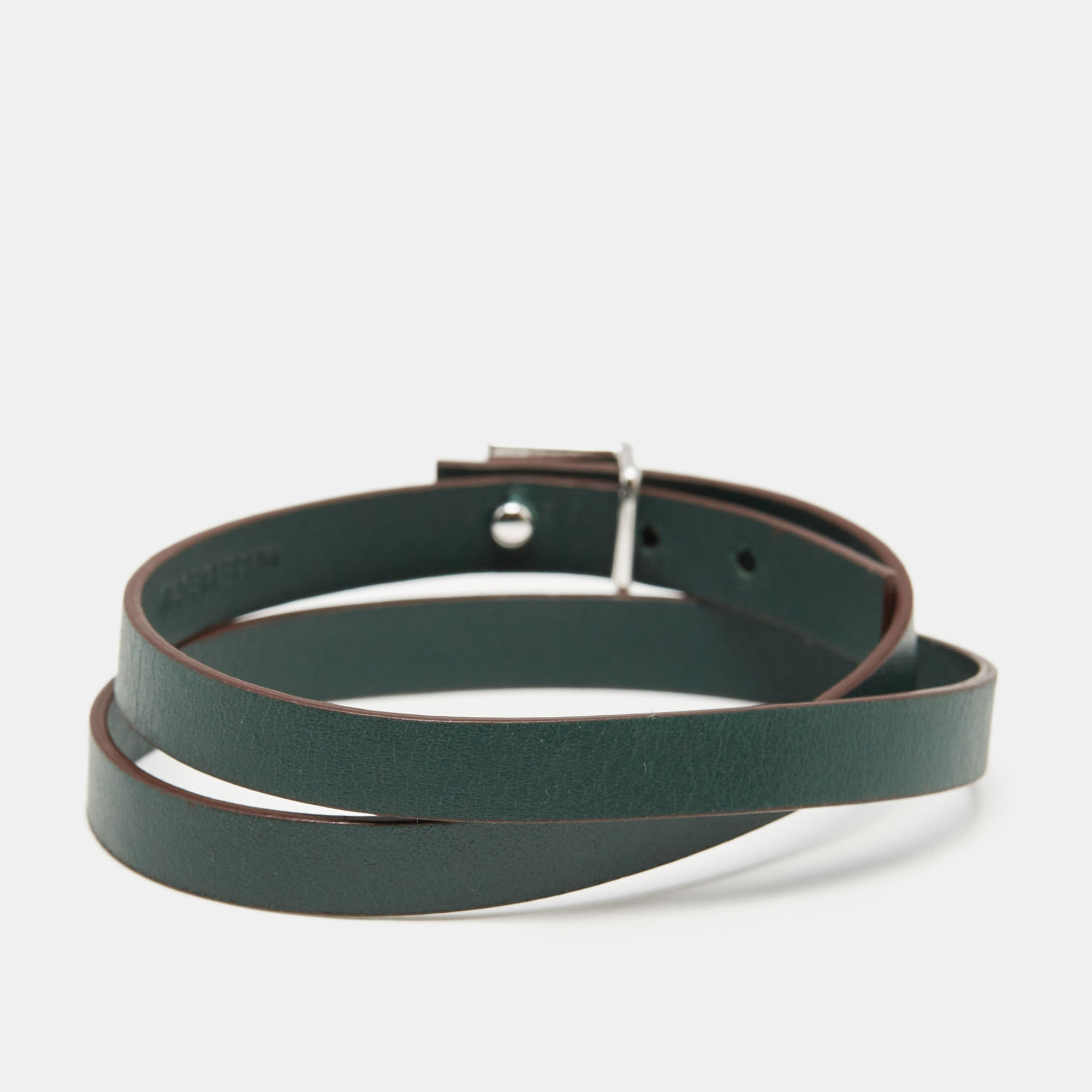 Carolina Herrera CH Leather Silver Tone Wrap Bracelet