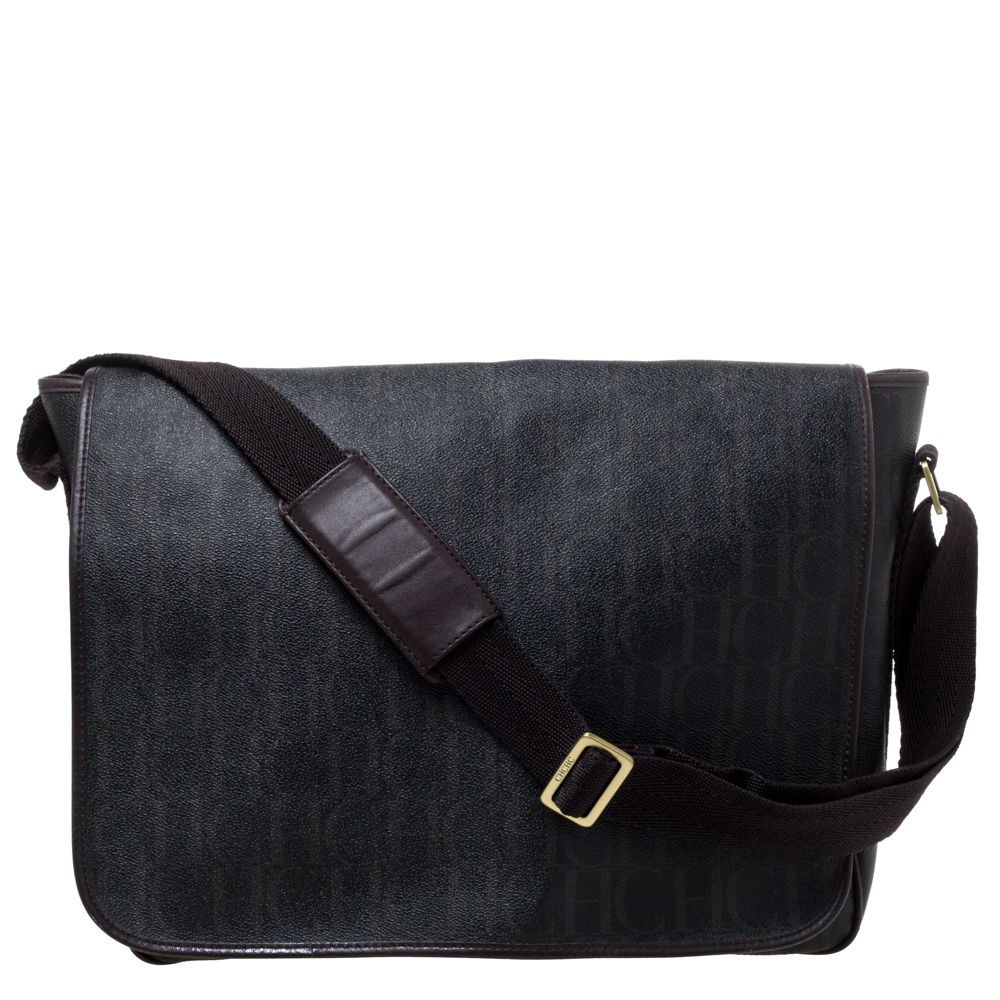 Image of Carolina Herrera Dark Brown Monogram Coated Canvas and Leather Flap Messenger Bag