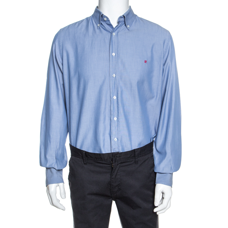 Image of Carolina Herrera Blue Cotton Long Sleeve Shirt M