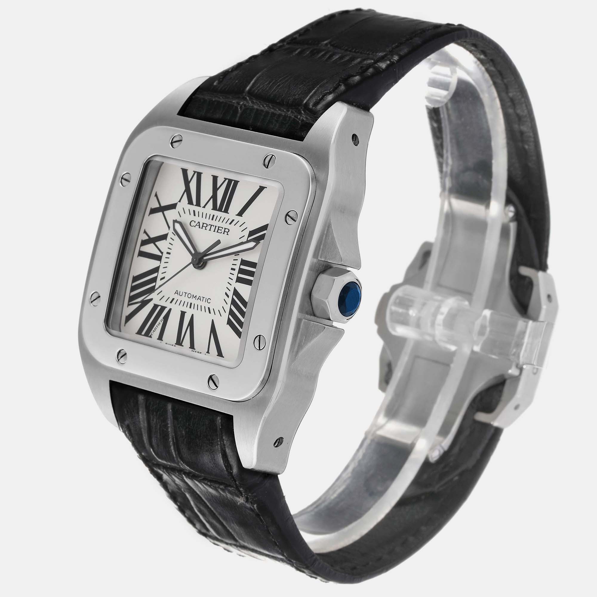 Cartier Santos 100 Silver Dial Black Strap Steel Men's Watch 38.0 Mm