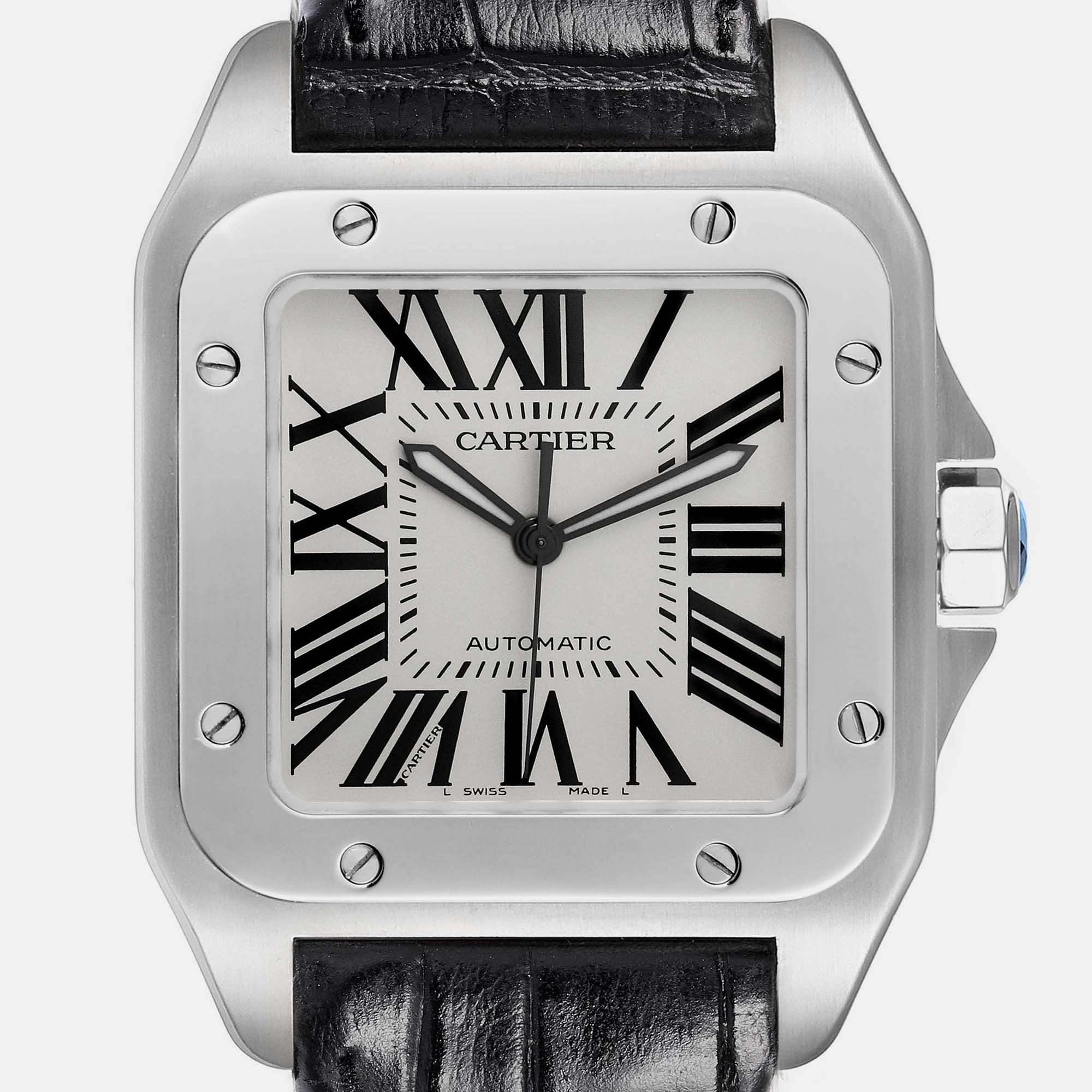 Cartier Santos 100 Silver Dial Black Strap Steel Men's Watch 38.0 Mm