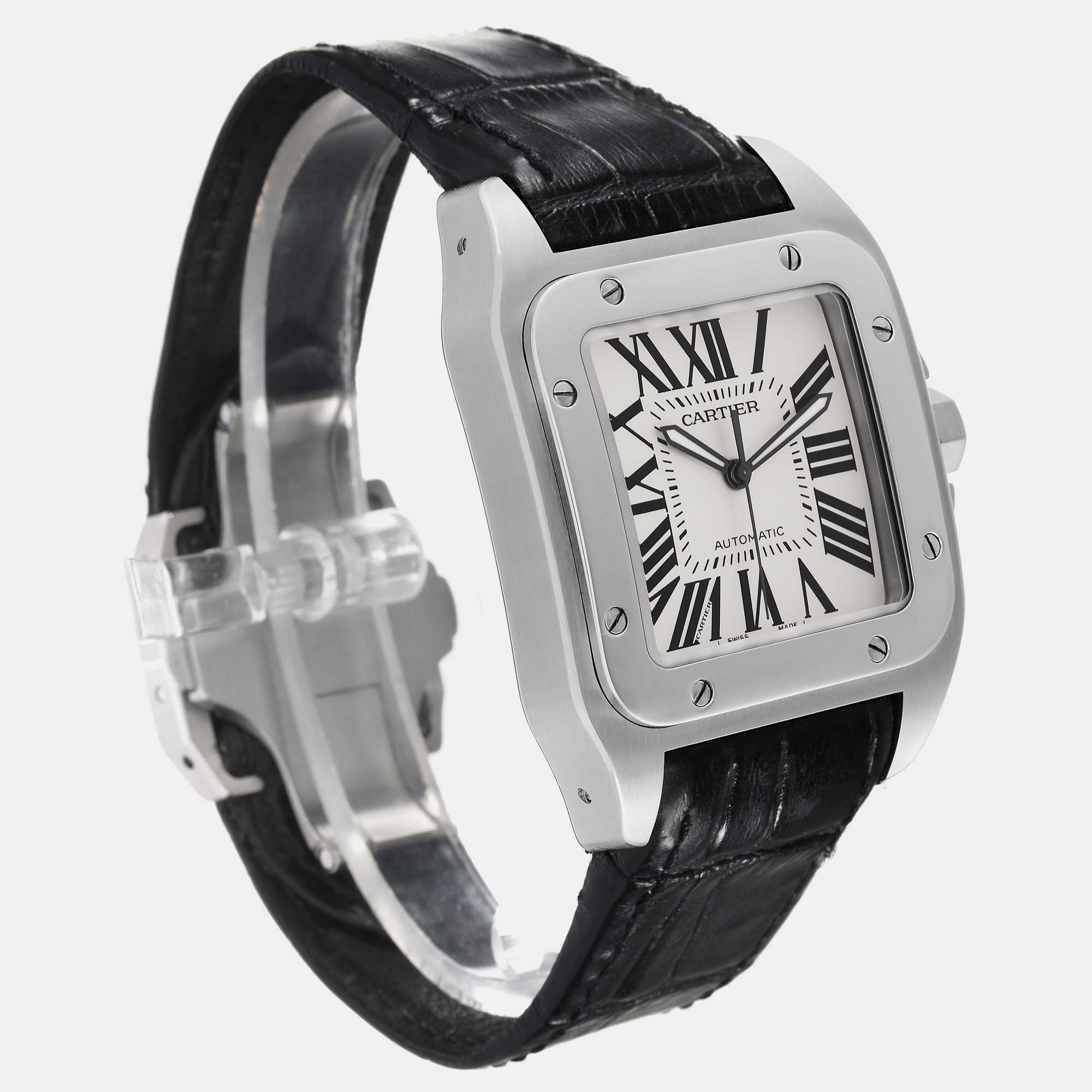 Cartier Santos 100 Silver Dial Black Strap Steel Men's Watch 38.0 Mm