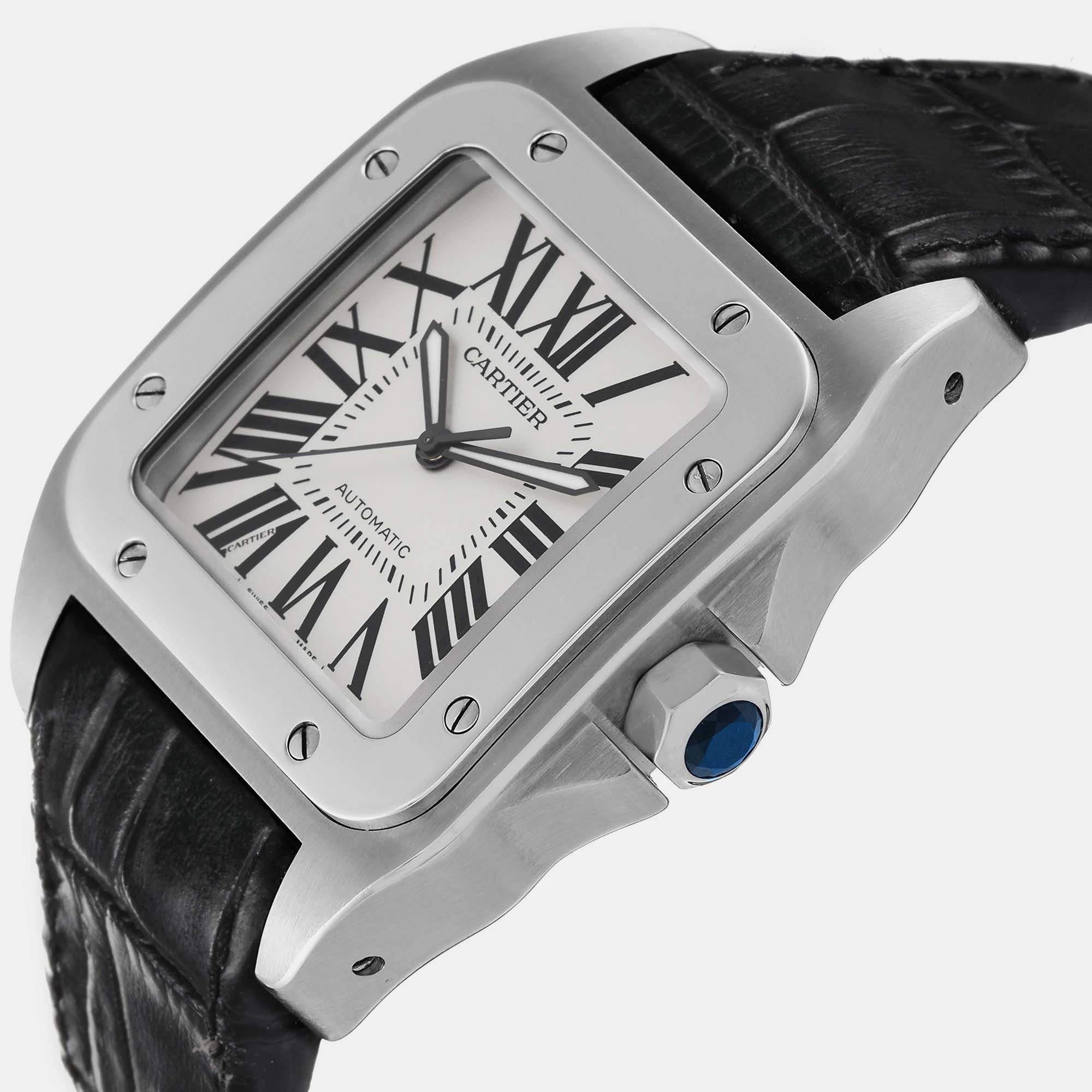 Cartier Santos 100 Silver Dial Black Strap Steel Men's Watch 38.0 Mm