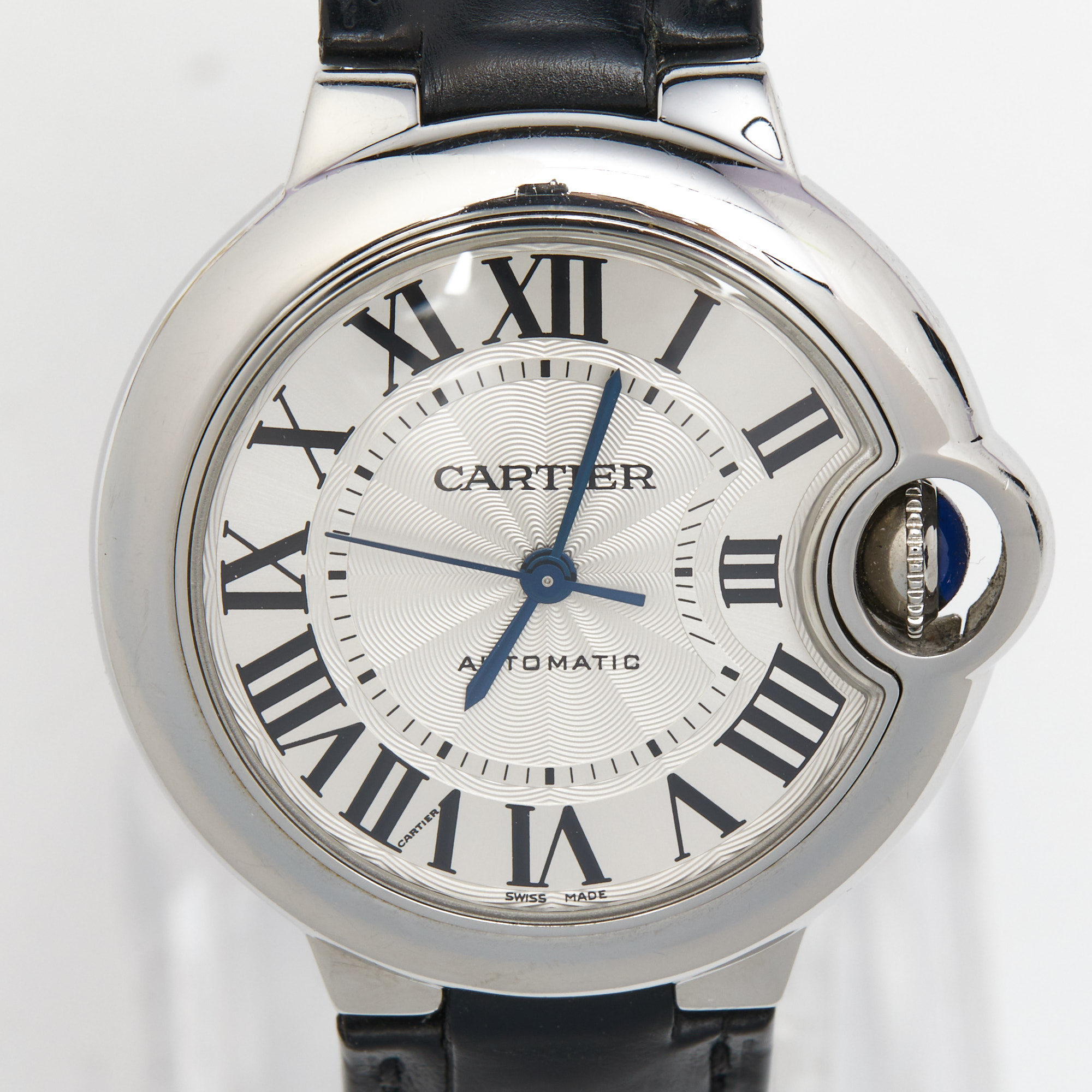 Cartier Silver Stainless Steel Alligator Leather Ballon Bleu 3489 Women's Wristwatch 33 Mm