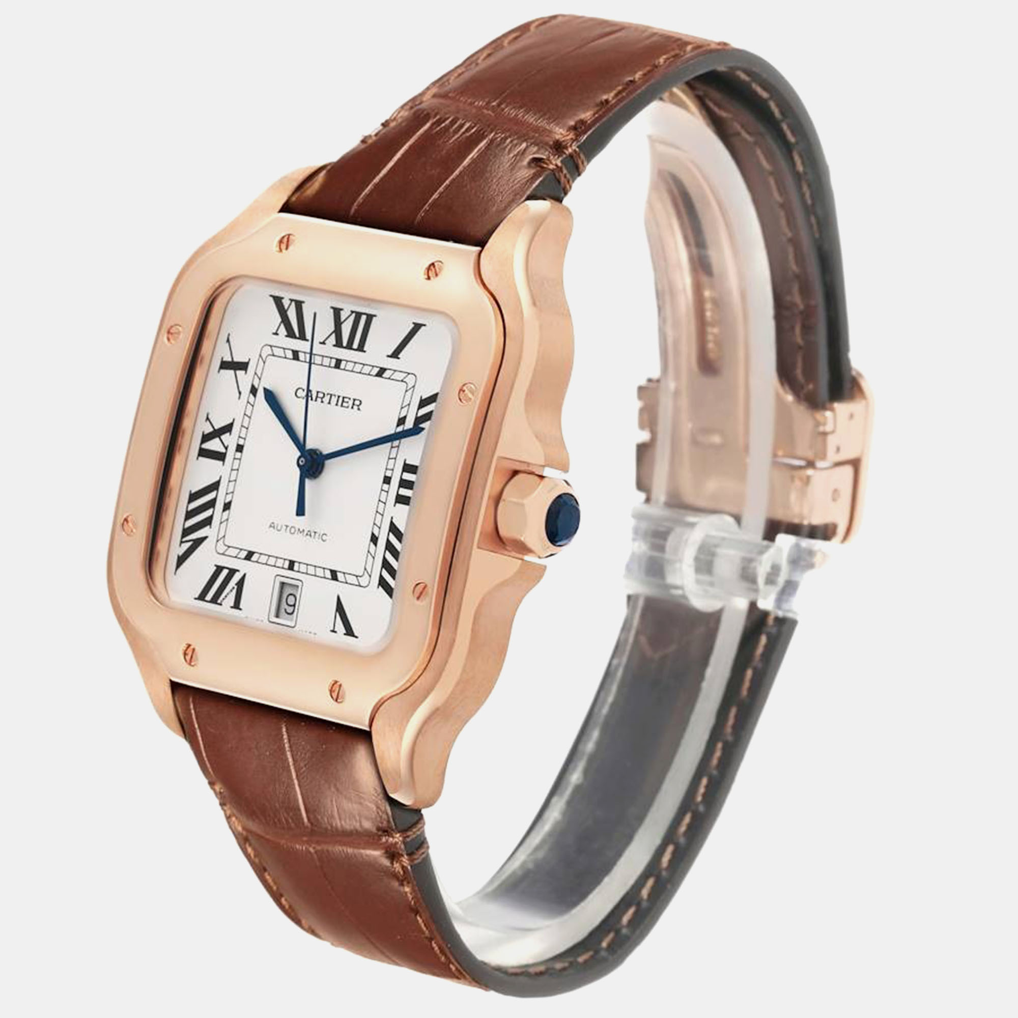 Cartier Santos Large Rose Gold Grey Strap Mens Watch WGSA0019 47.5 Mm X 38 Mm