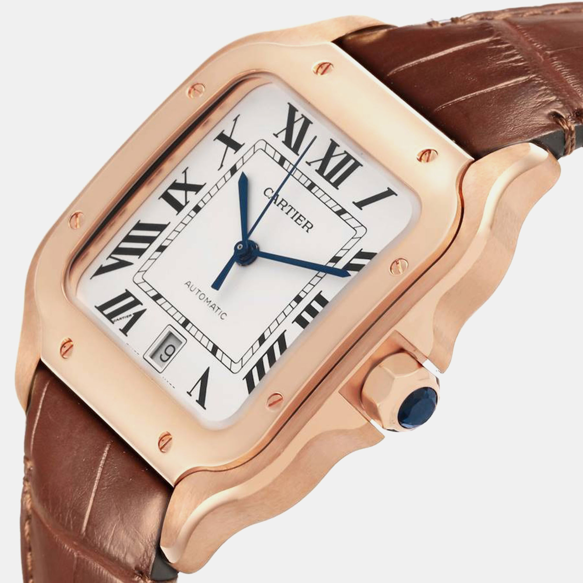 Cartier Santos Large Rose Gold Grey Strap Mens Watch WGSA0019 47.5 Mm X 38 Mm