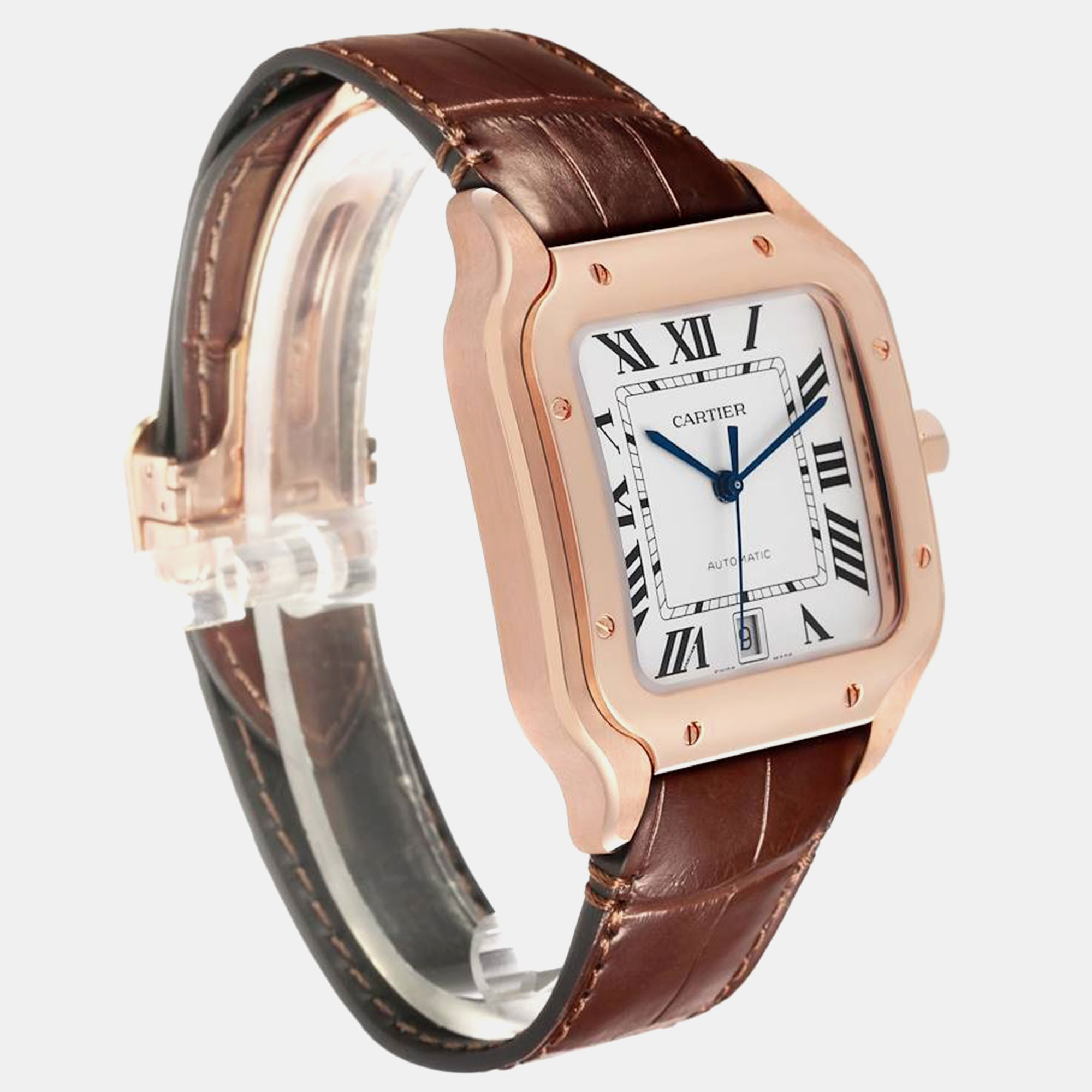 Cartier Santos Large Rose Gold Grey Strap Mens Watch WGSA0019 47.5 Mm X 38 Mm