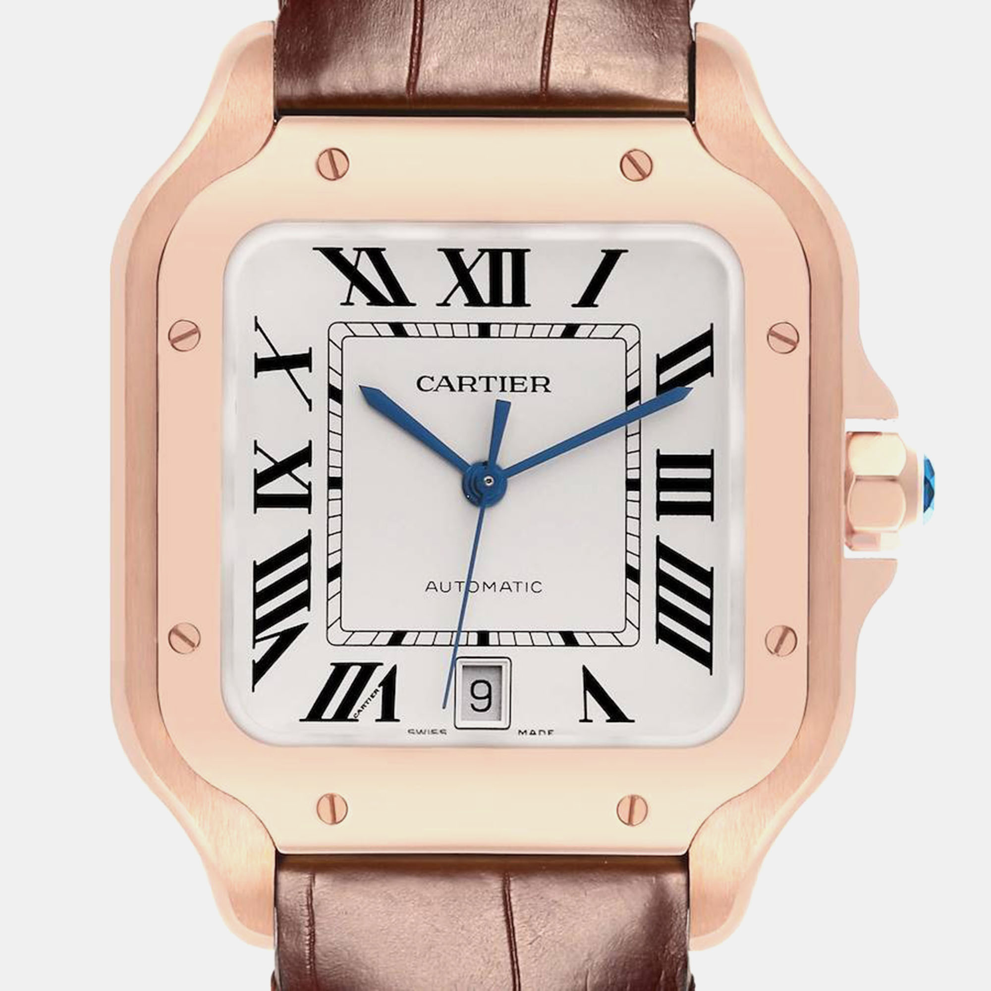 Cartier Santos Large Rose Gold Grey Strap Mens Watch WGSA0019 47.5 Mm X 38 Mm