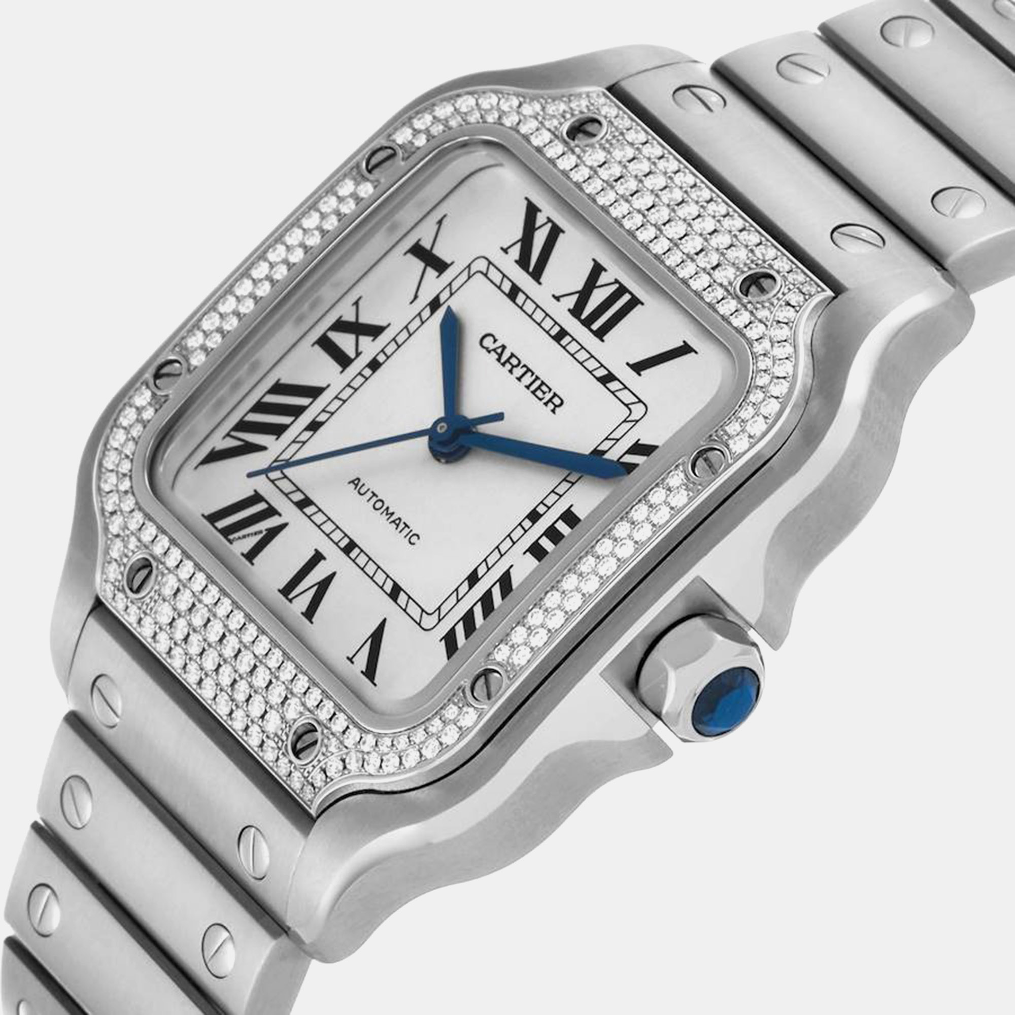 Cartier Santos Silver Dial Steel Diamond Mens Watch W4SA0005 35.1 Mm