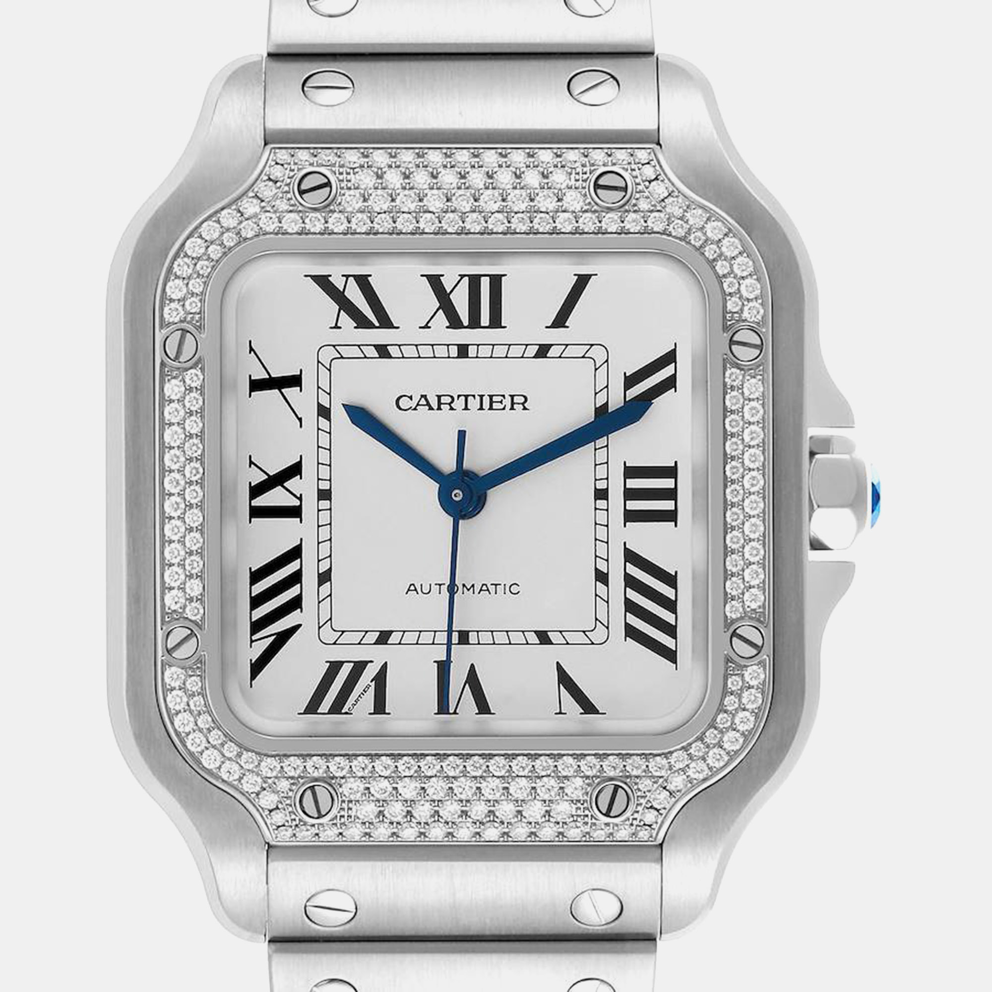 Cartier Santos Silver Dial Steel Diamond Mens Watch W4SA0005 35.1 Mm