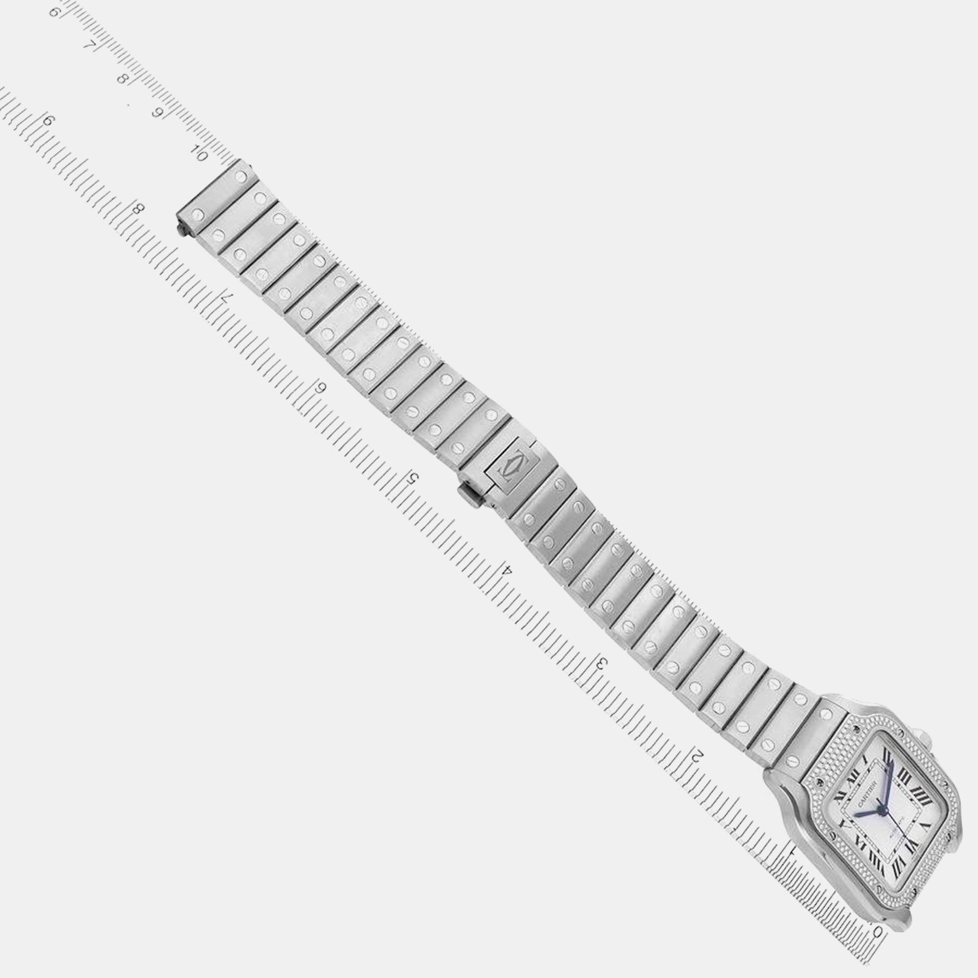 Cartier Santos Silver Dial Steel Diamond Mens Watch W4SA0005 35.1 Mm